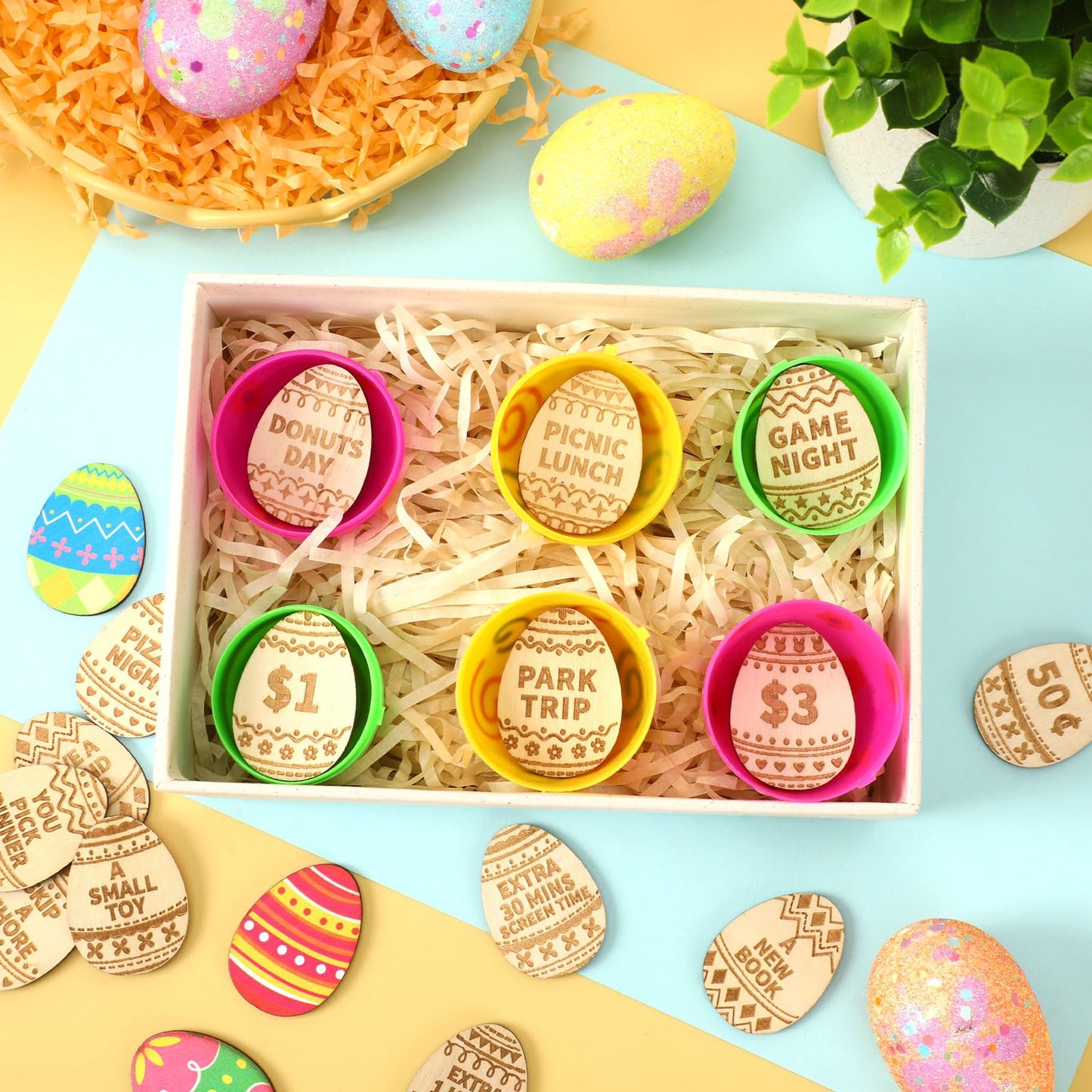 Jansun 24Pcs Easter Egg Tokens, Easter Egg Fillers Wooden Easter Reward Tokens Tokens Coins With 24 Different Engraved Sayings F