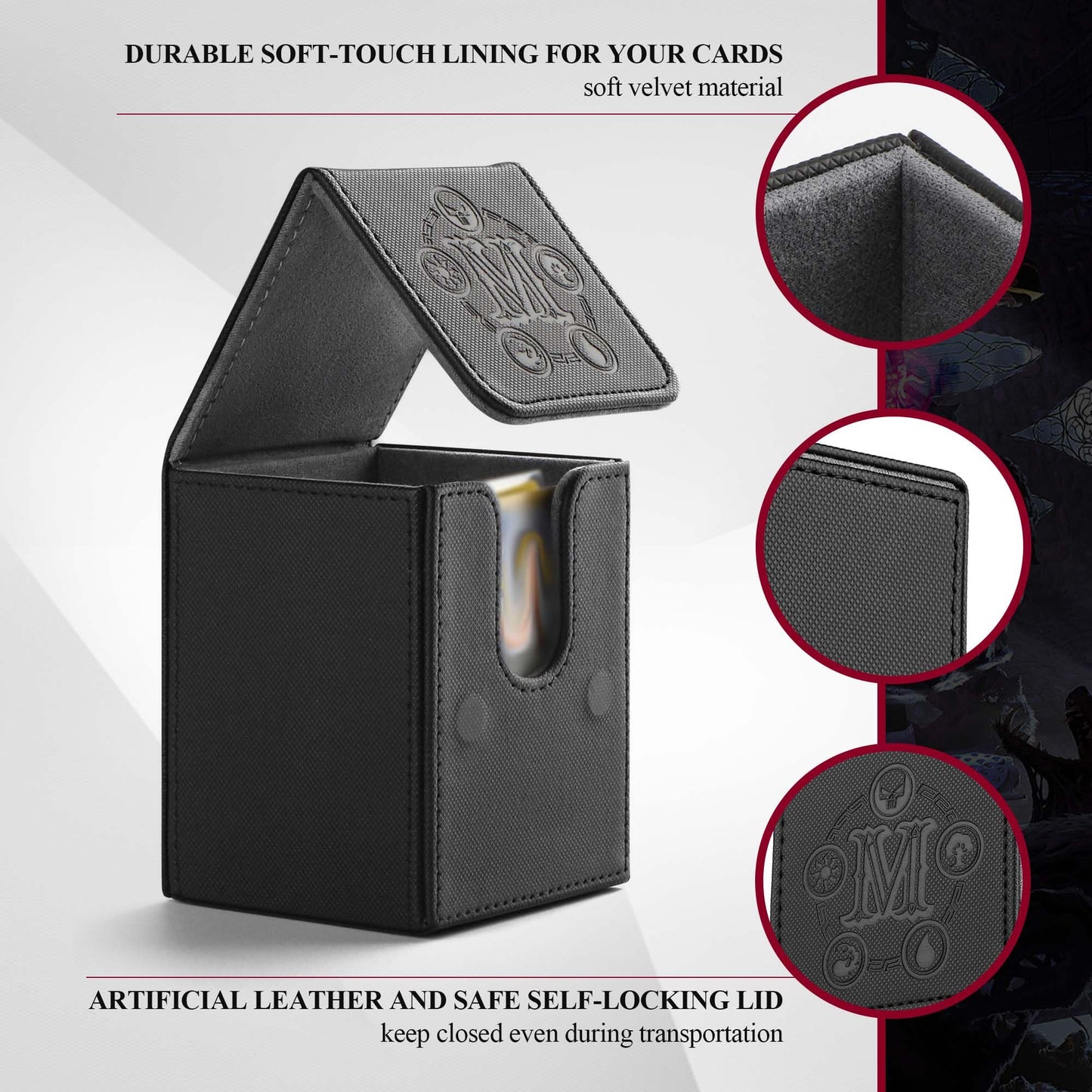 Tcguard Card Deck Box For Mtg Card Storage Box Holds 100 Plus Single Sleeved Cards, Microfiber Lining And Leather Card Box Compatible With Trading Card Games Tcg, Yugioh Cards, Etc.(Vertical-Black)