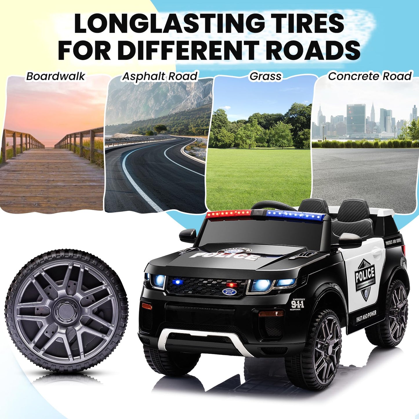 Hikole 12V Ride On Police Car For Kids 4-8, 12V Electric Car For Kids With Remote Control, 2 * 30W Motor, Music, Alarm Lights, M