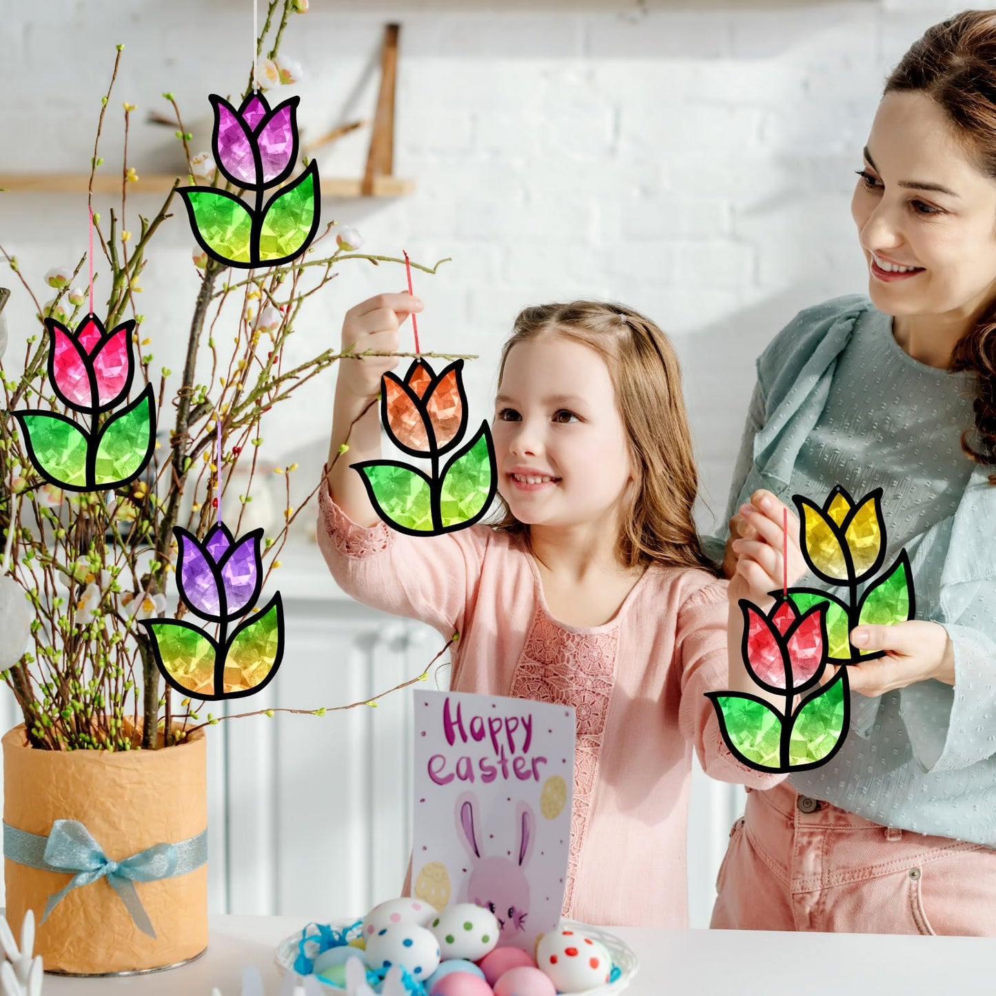 Supervitae 24 Sets Tulip Crafts Kits Mother s Day Crafts Spring Flower Paper Sun Catchers Art Kits DIY Tissue Paper Sign Make Y