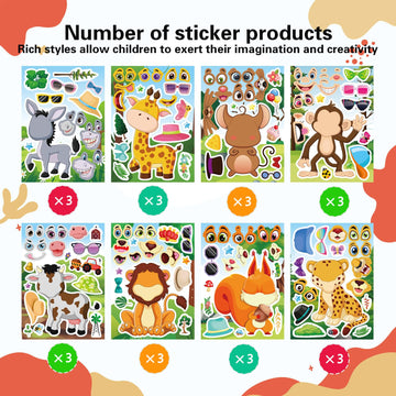 24 Sheets Animal Stickers For Kids Toddler, Jungle Animal Stickers Make-A-Face Sticker Sheets Make Your Own Animal Mix And Match