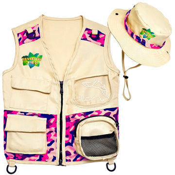 Safari Kidz Outdoor Explorer Kit - Pink Camouflage Cargo Vest And Hat Set, Backyard Nature Adventures, Washable Costume