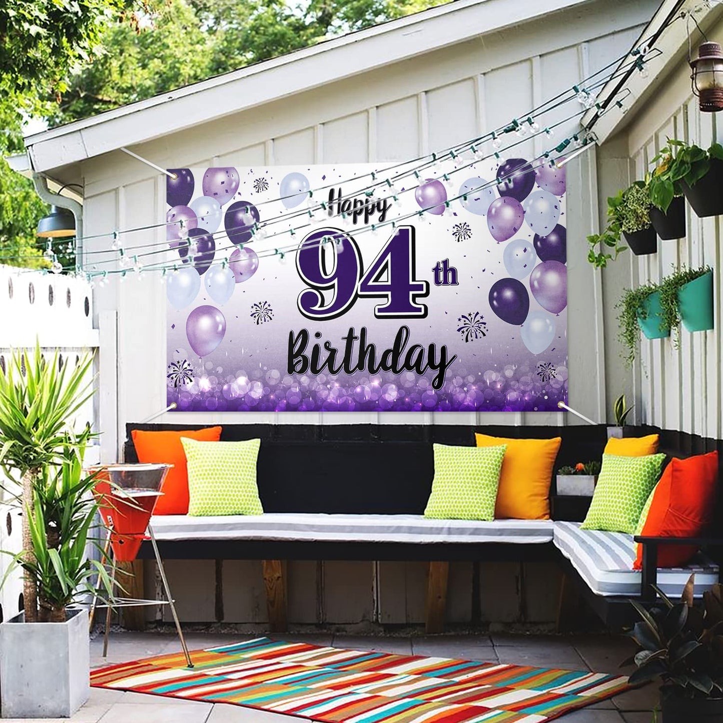 LASKYER Happy 94th Birthday Decorations,94th Purple Balloon Large Birthday Banner Backdrop Sign,94 Years Old Bday Party Supplies