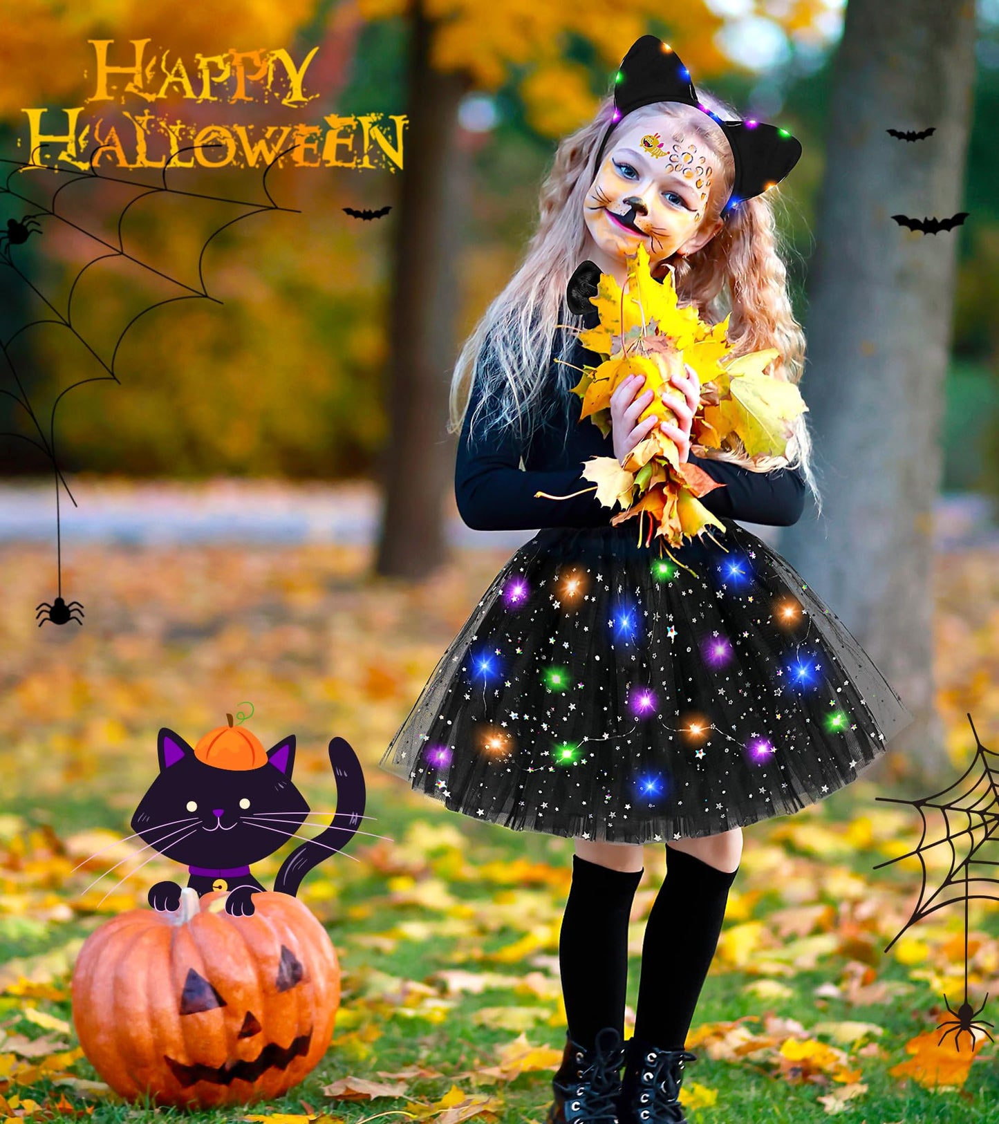 Teuevayl Black Cat Costume for Girls, 7 Pcs Kids Cat Costume with LED Light Up Tutu Skirt Cat Ears, Halloween Costumes for Girls