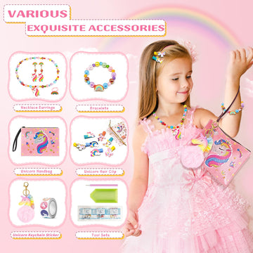 Unicorn Diamond Purse Kit for 5 6 7 8 9 Year Old Girls - Diamond Craft Purse with Sticker Earrings Hair Clips Bracelet Necklace