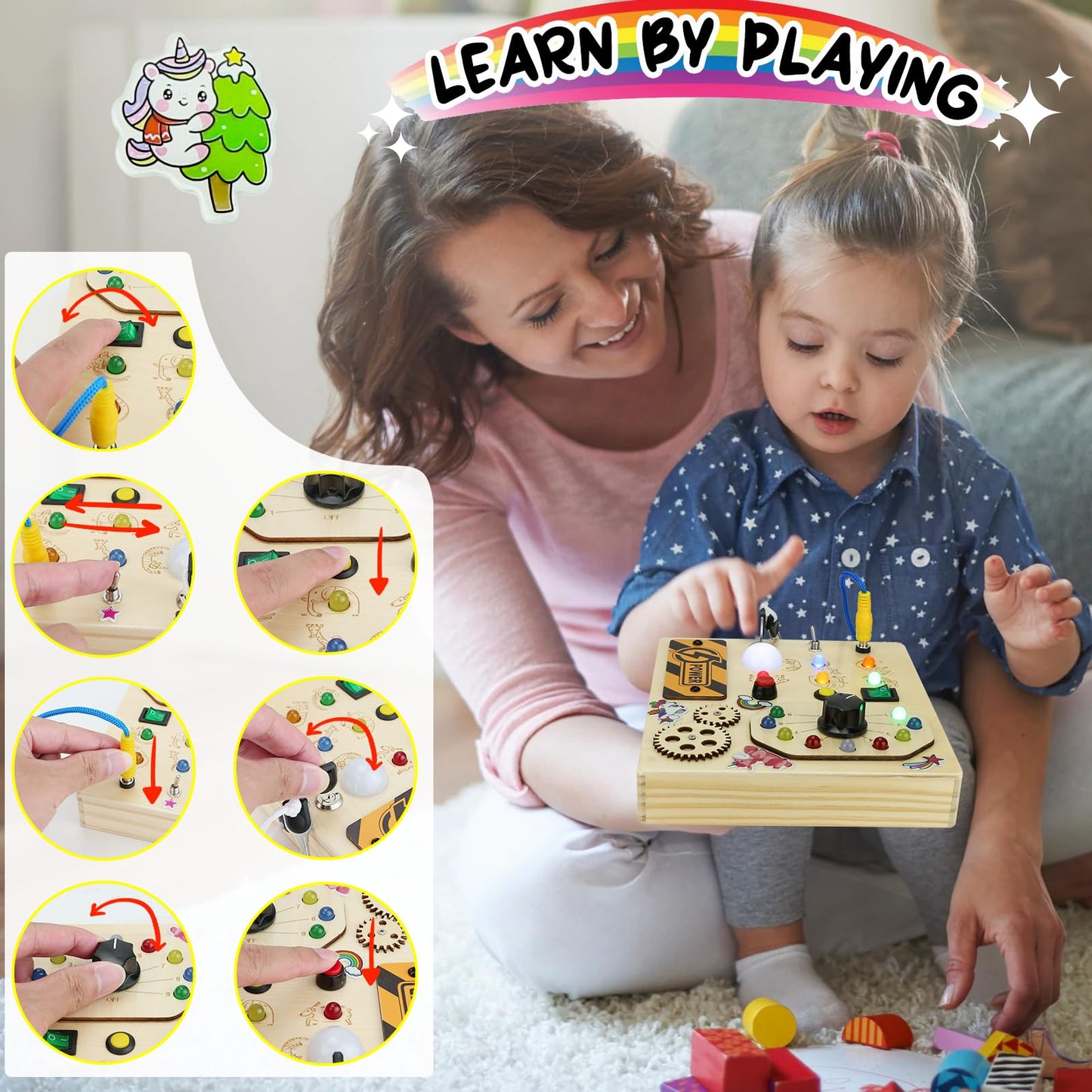 Jamiewin Montessori Busy Board With Led Light Switch For Toddlers 1-3, Wooden Sensory Board Travel Toys For Toddlers Baby, Monte
