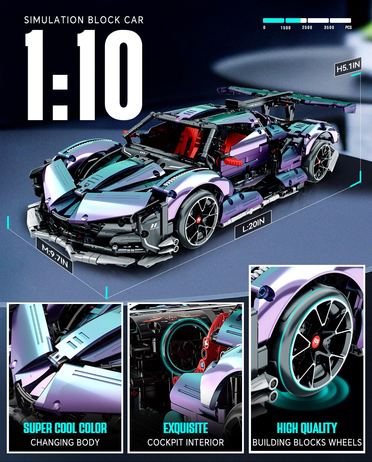 BAV Super Plated Sports Car Building Kit, 1:10 Scale Remote Control Model, Electroplated Purple, Adult Collectible, Model 9826-2
