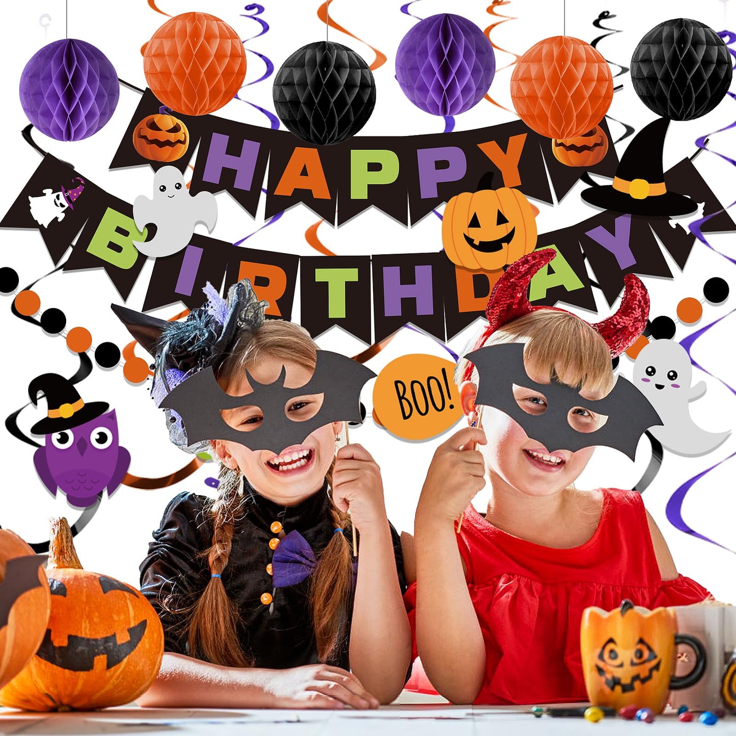meowtastic Halloween Birthday Decorations - Happy Birthday Banner with Honeycomb Ball, Halloween Hanging Swirl Streamer, Circle