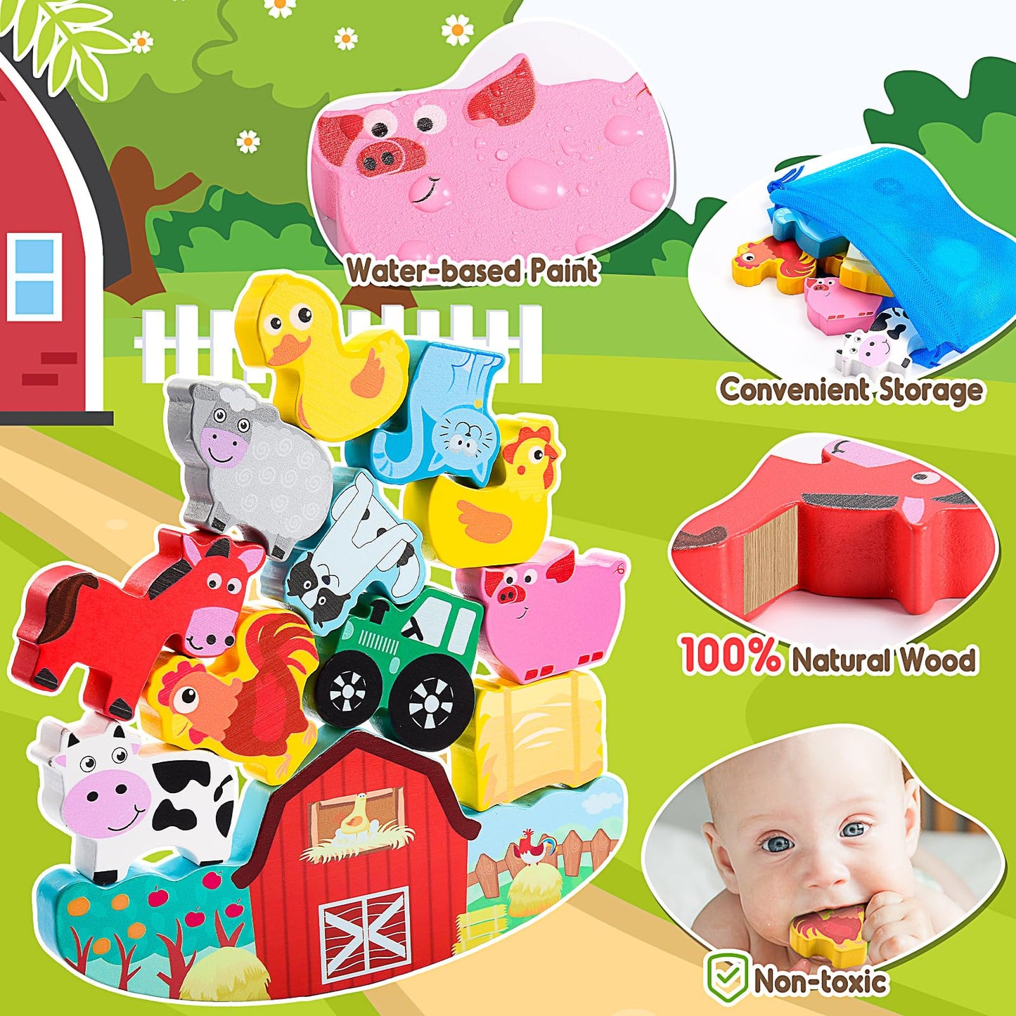 Ipourup Montessori Toys For Kids 3-7 Wooden Farm Animal Blocks Stacking Games Toy For 3 4 5 6 Year Old Girls Boys Birthday Gifts