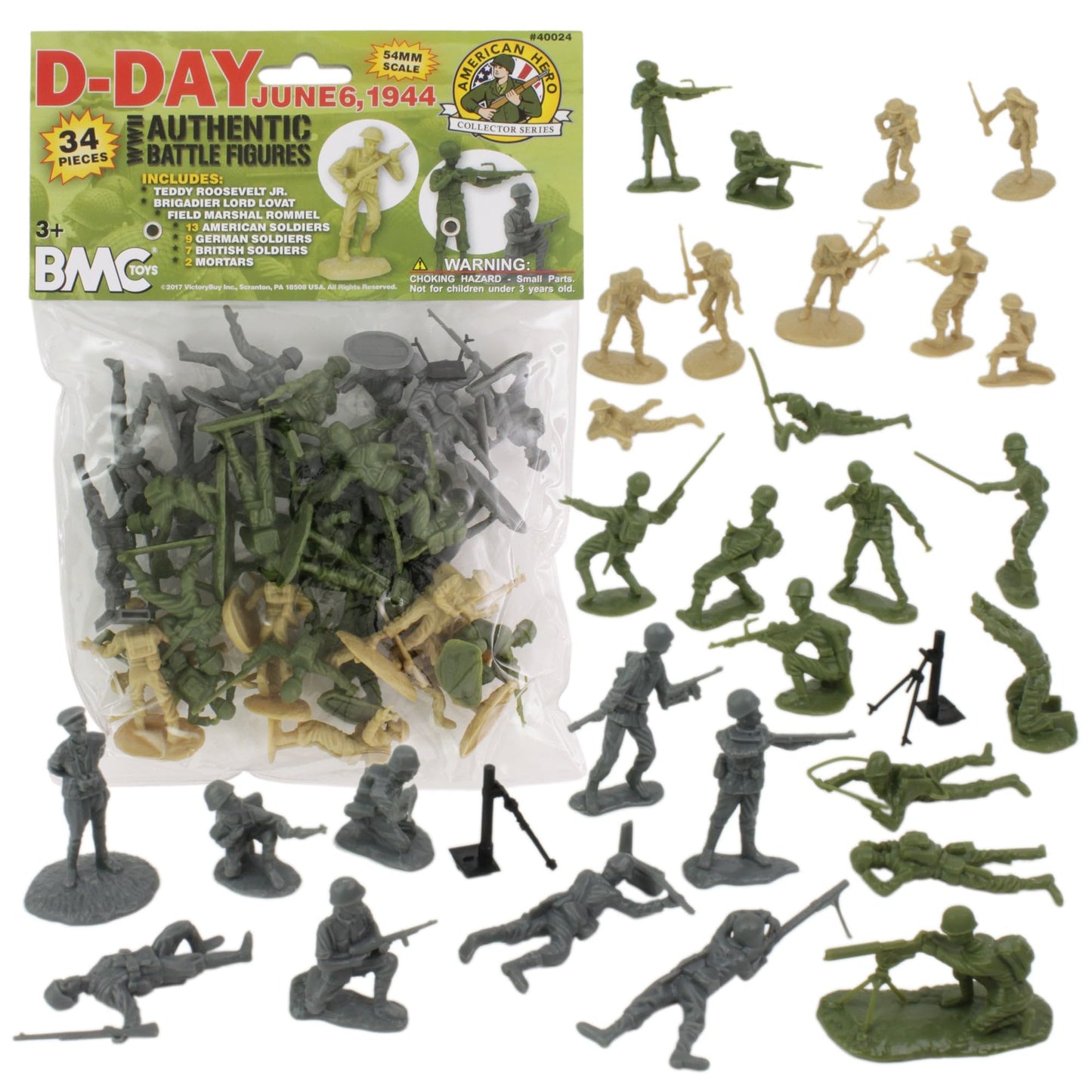 BMC Toys WW2 D-Day Plastic Army Men Set - 34 Soldier Figures, Medium Size, Od Green/Tan/Gray, Model BMC-40024