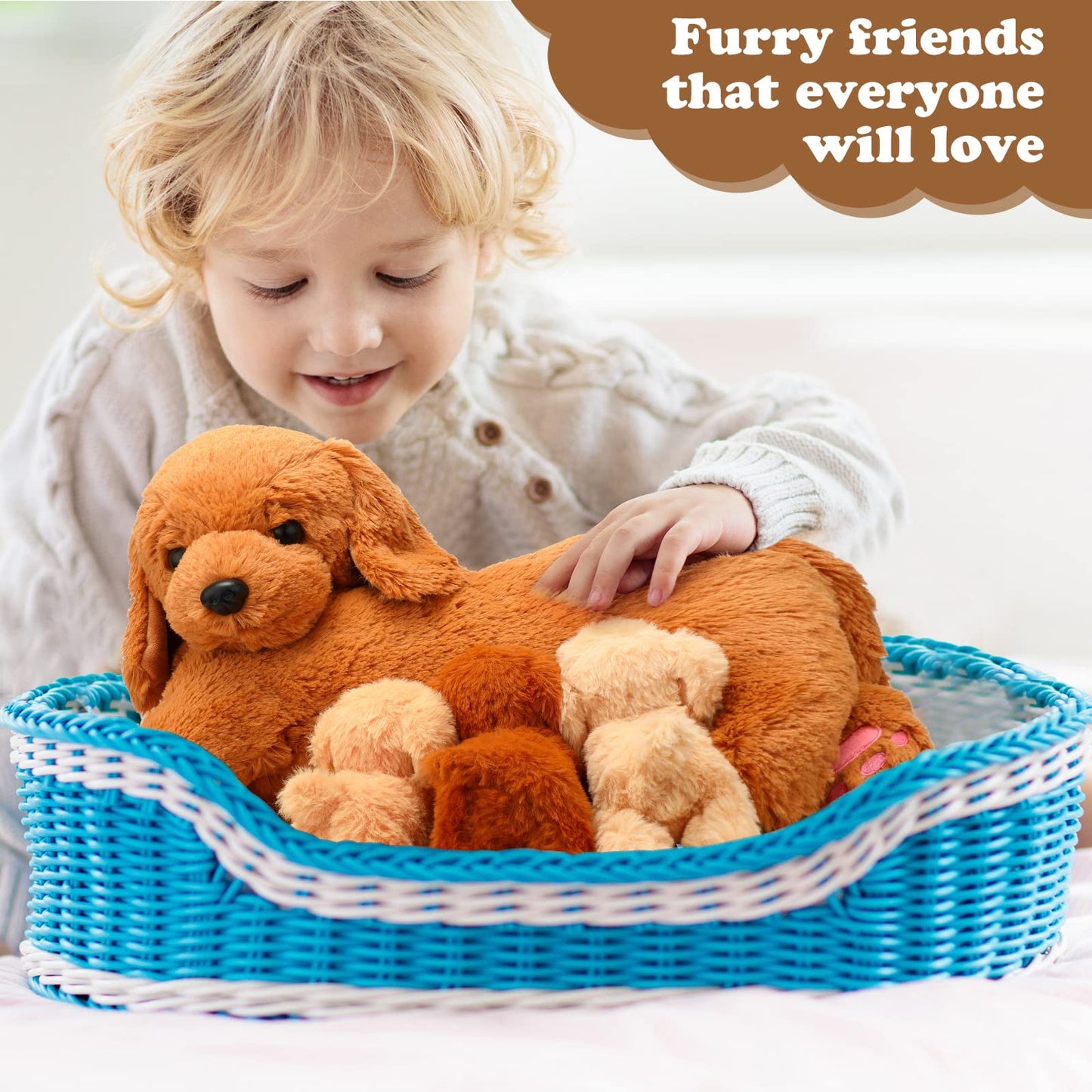 Hydren Nurturing Dog Stuffed Animal Sets Soft Cuddly Golden Retriever Plush Toys Nursing Mommy Dog With 4 Stuffed Baby Puppies F