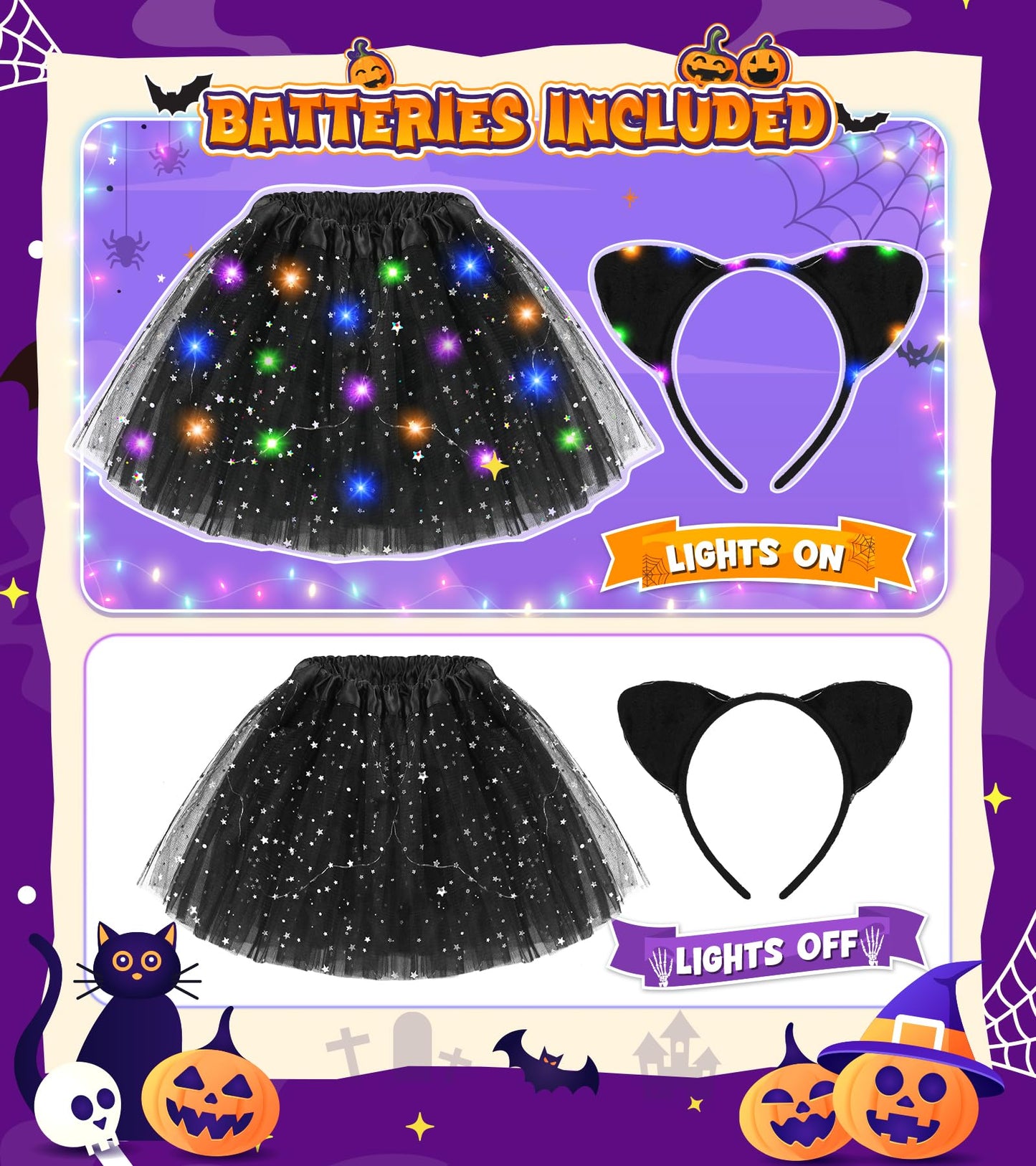 Teuevayl Black Cat Costume for Girls, 7 Pcs Kids Cat Costume with LED Light Up Tutu Skirt Cat Ears, Halloween Costumes for Girls