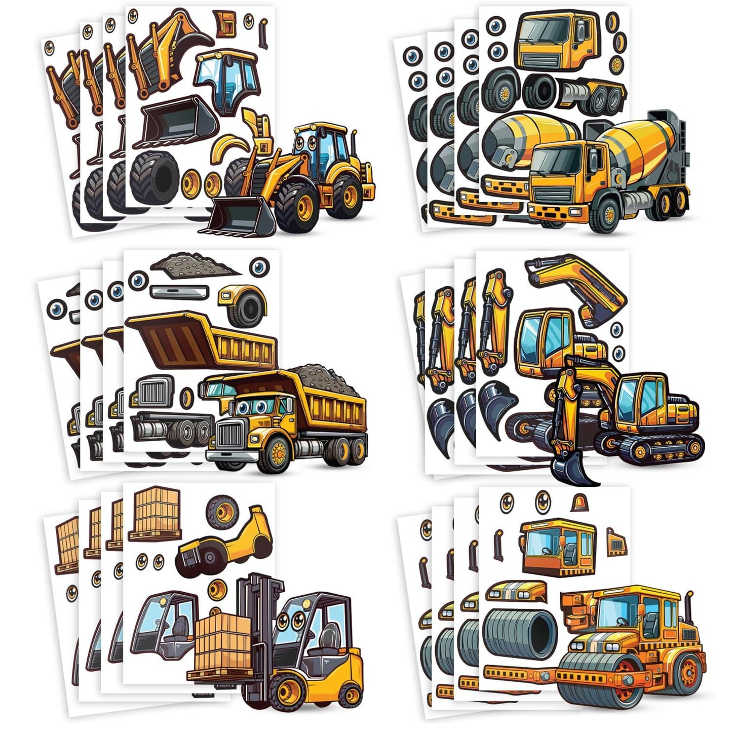 24 Make A Construction Truck Stickers for Kids - Create Your Own Escavator, Dump Truck, Cement Mixer, Roller, Front Loader, & Fo