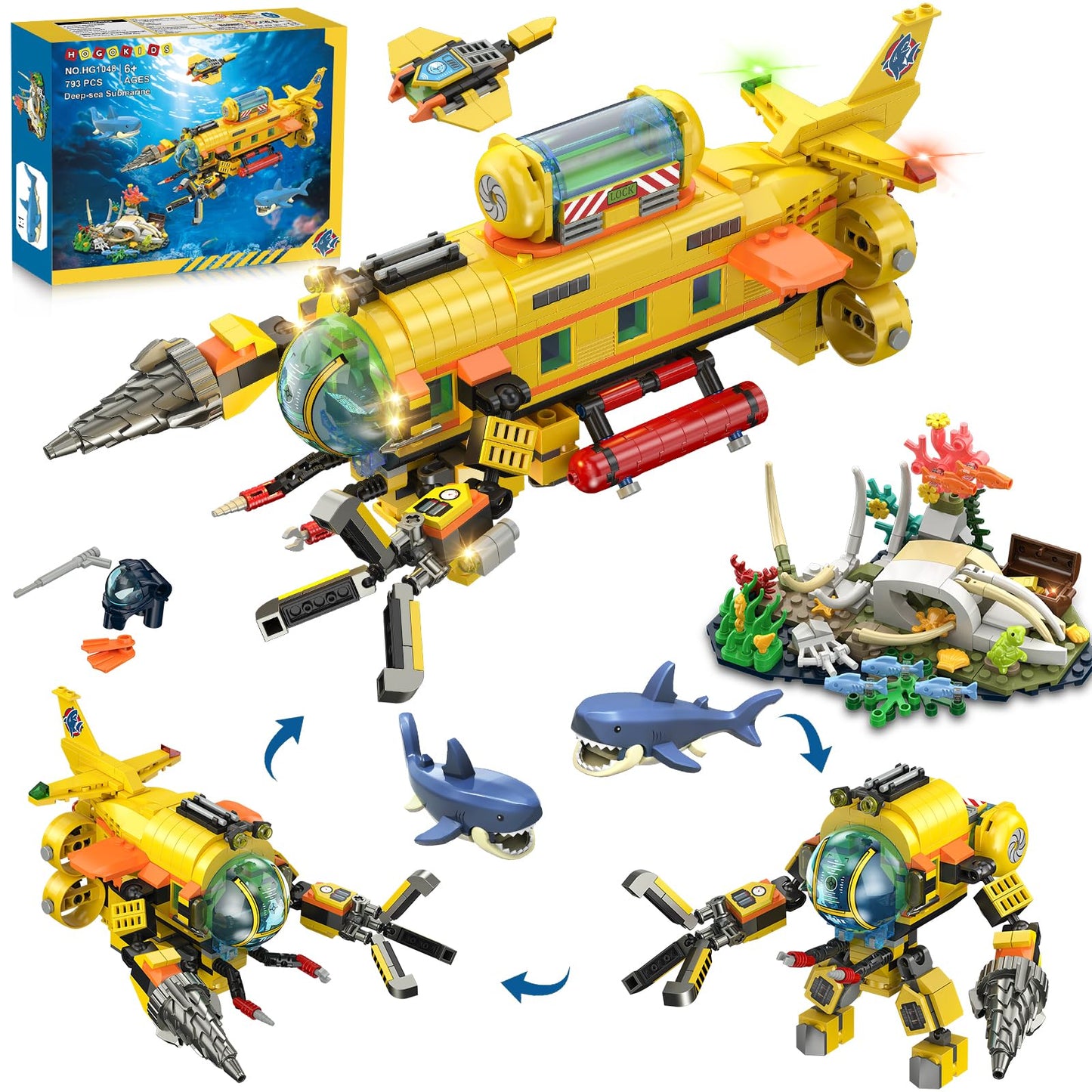 HOGOKIDS 3 Styles City Submarine Building Set with LED Light  Ocean Exploration Yellow Boat Sub Toy with 2 Sharks  Whale Skeleton and Ray Drone  Christmas Birthday Gift for Kids Boys Girls 8-14+