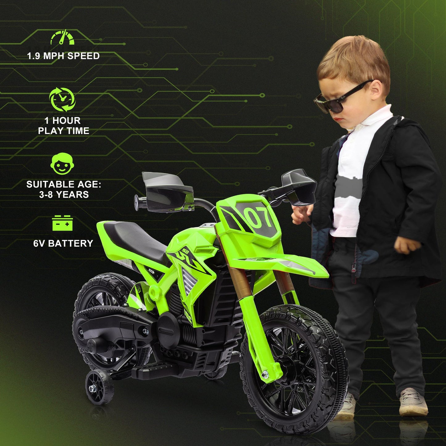 Qaba Kids Motorcycle, 6V Battery Powered Dirt Bike With Training Wheels, Horn & Start Sound, Electric Motorbike For Kids 3-8 Yea