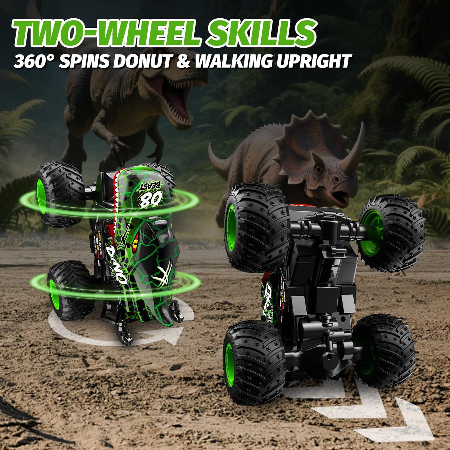 Gohero Monster Truck Toys - 1:20 RC Car with 360° Spins, LED Light, Music, 2 Rechargeable Batteries for Kids Age 4-7 - Plastic, All-Terrain