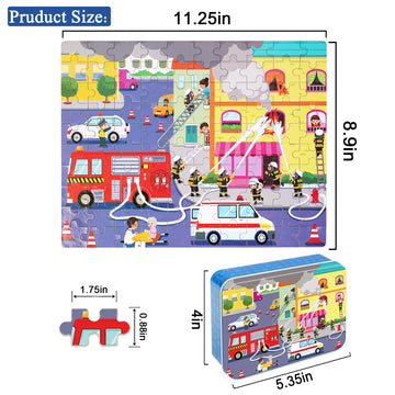 Lelemon 100 Pieces Jigsaw Puzzles In A Metal Box For Kids Age For 4-8 Boys Girls Toy Puzzles Fire Truck Ambulance Police Car Fireman Children Learning Educational Puzzles Toys