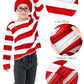Fancyfun 3 Pieces Kids Halloween Costume Set, Boys Costume Red And White Striped Shirt Beanie Hat Glasses For Cosplay Party 3-4T