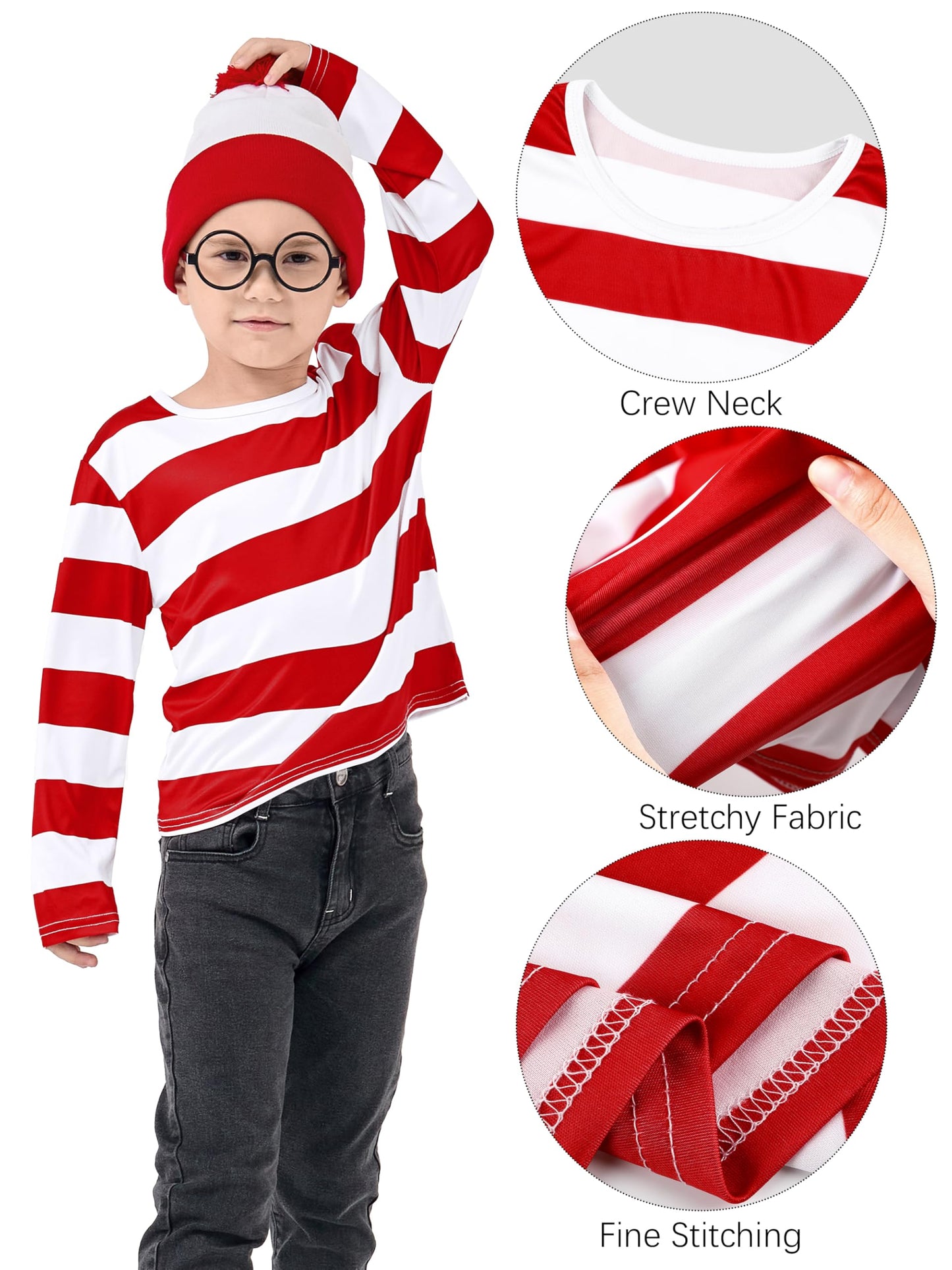 Fancyfun 3 Pieces Kids Halloween Costume Set, Boys Costume Red And White Striped Shirt Beanie Hat Glasses For Cosplay Party 3-4T