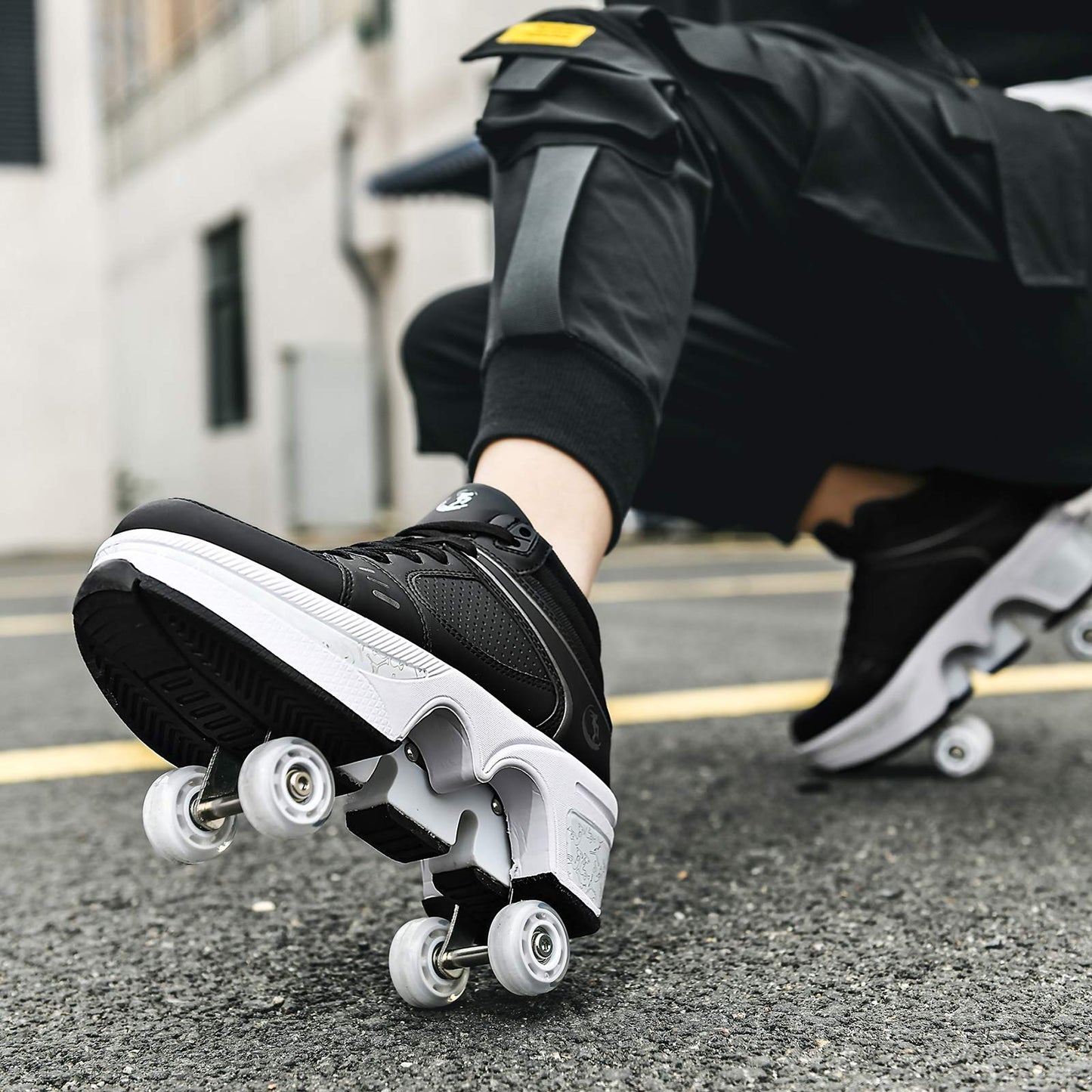 Double-Row Deform Wheel Automatic Walking Shoes Invisible Deformation Roller Skate 2 in 1 Removable Pulley Skates Skating Parkour (Black high  US 7)