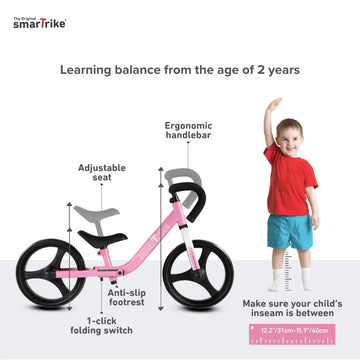 Smartrike Balance Bike For 1, 2, 3, 4, And 5 Year Old Boys & Girls - Folding Kids Balancing Bike - Adjustable Bicycle For Toddlers - 10 Inch Puncture Free Wheel [Protective Gear Included]