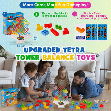 WOWNOVA 48PCS Tetra Tower Stacking Game - Colorful Building Blocks for Kids & Adults, Perfect for Family Game Night, Classroom & Parties