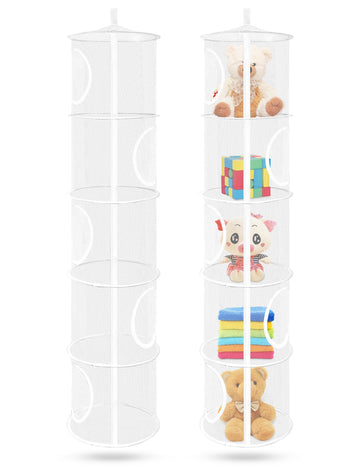 2Pcs Hanging Mesh Space Saver Bags Organizer, Foldable Stuffed Animal Storage Organizer 5 Compartments Toy Storage Organizer For