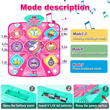 Kusntin Unicorn Dance Mat, Dance Mixer Rhythm Step Play Mat, Pink Dance Pad With Led Lights, Adjustable Volume, Built-In Music,