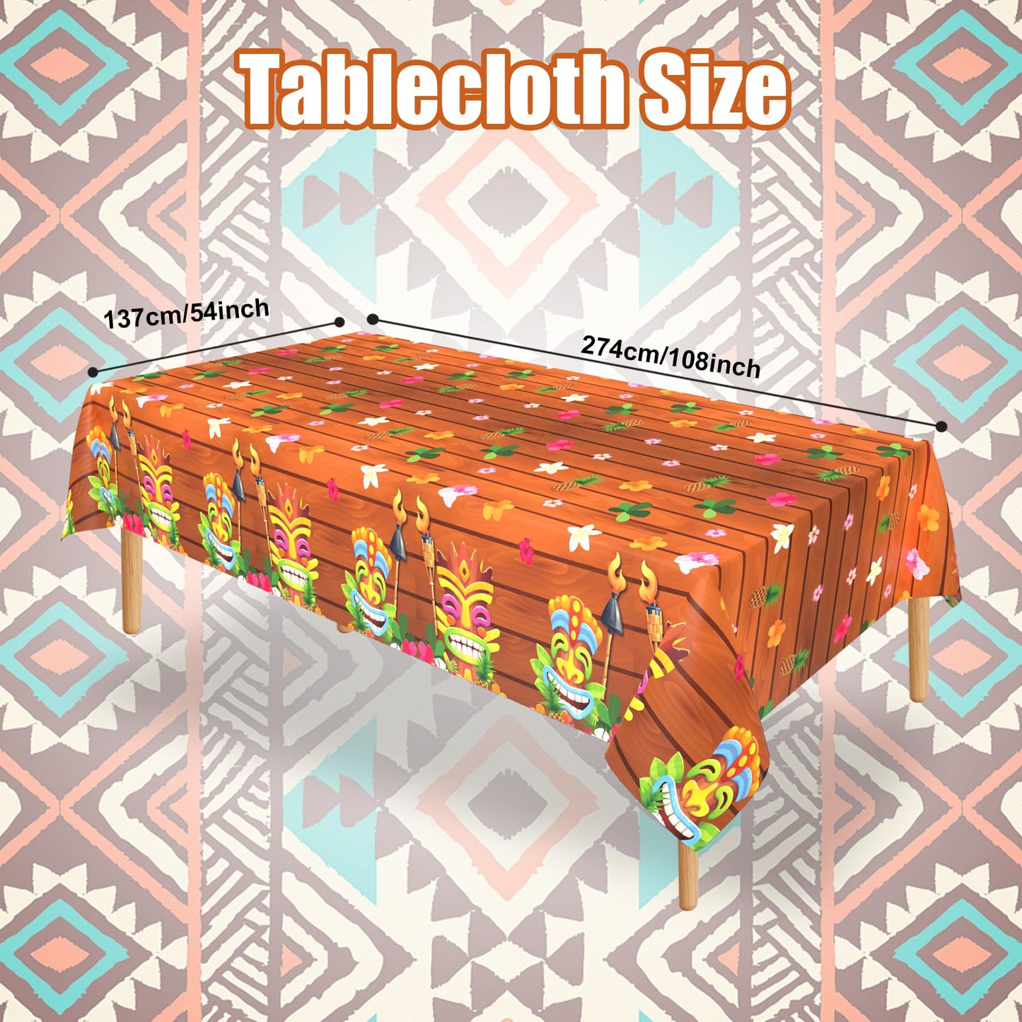Lianxuia 3 Pieces Tiki Party Plastic Tablecloths, 54 * 108 Inch Luau Table Covers, Hawaiian Luau Party Decorations, For Aloha Ti