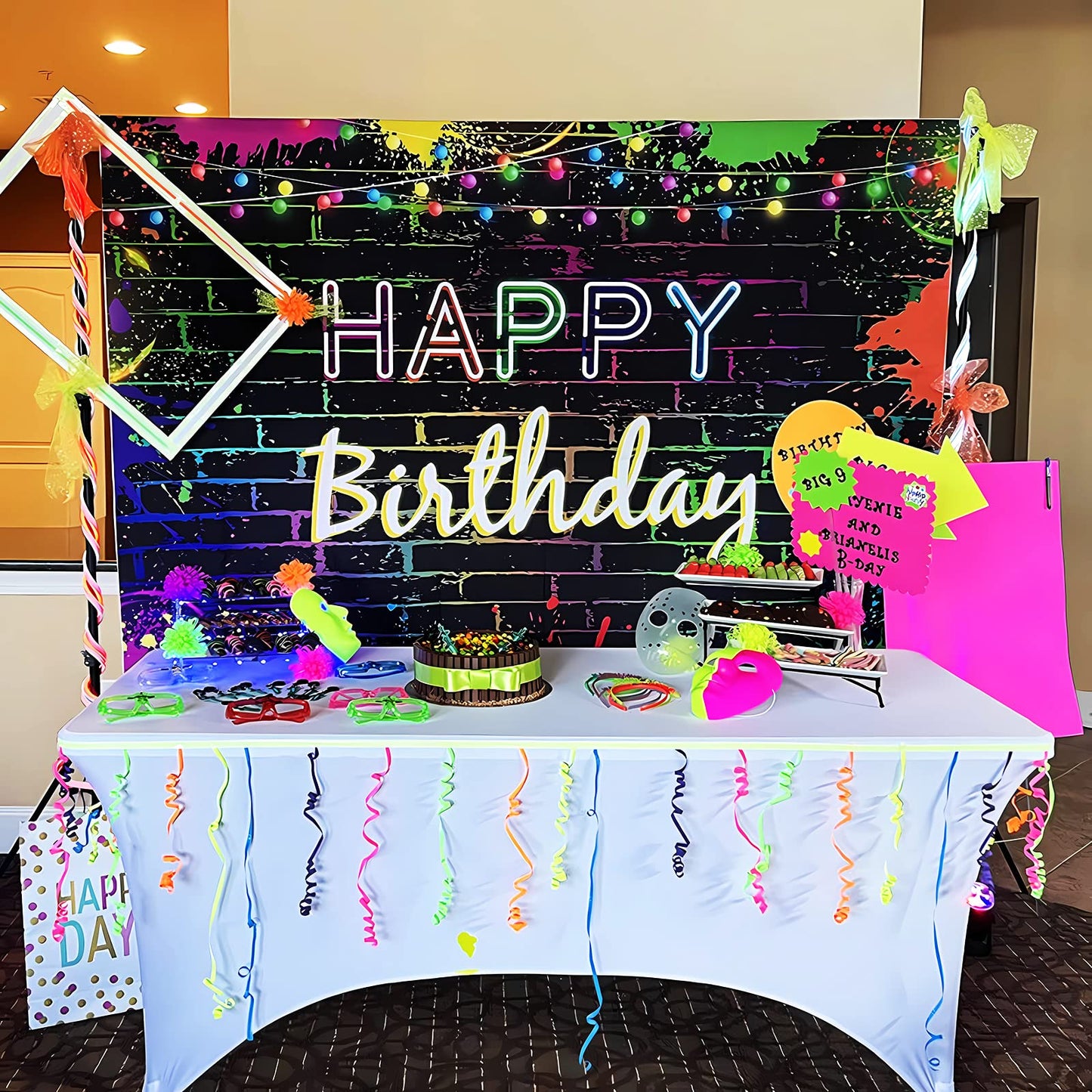 Mocsicka Glow Birthday Backdrop Neon Glow In The Dark Party Decoration Glow Crazy Rainbow Birthday Photo Backdround Photo Prop (