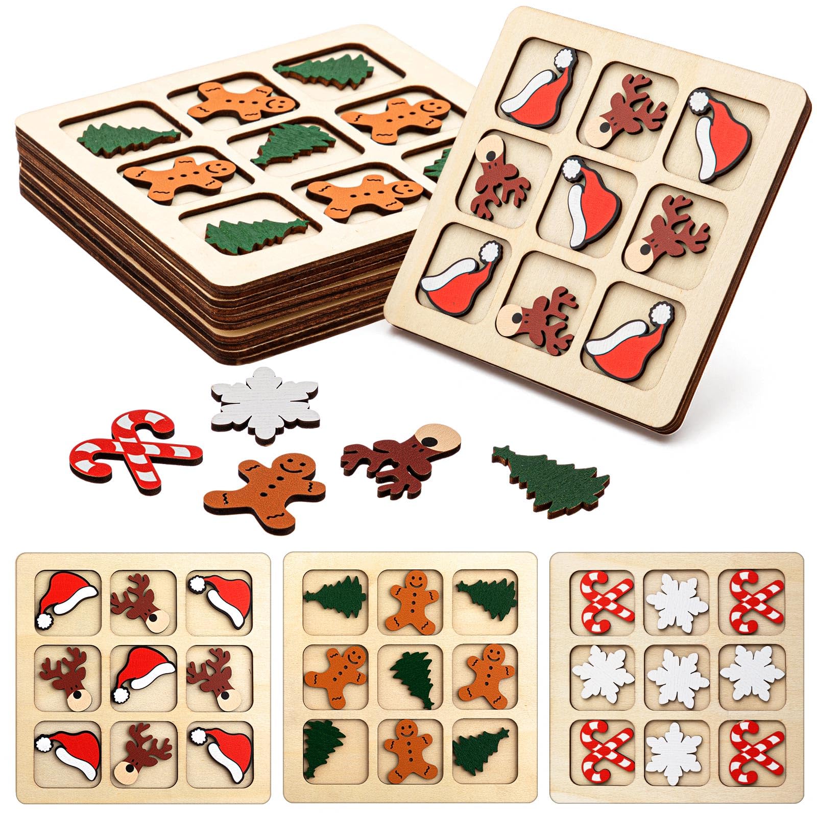 Meooeck 6 Sets Christmas Wooden Tic Tac Toe Game, Party Favors, Mini Chess Board Table Party Game, Gift for Relative and Family,