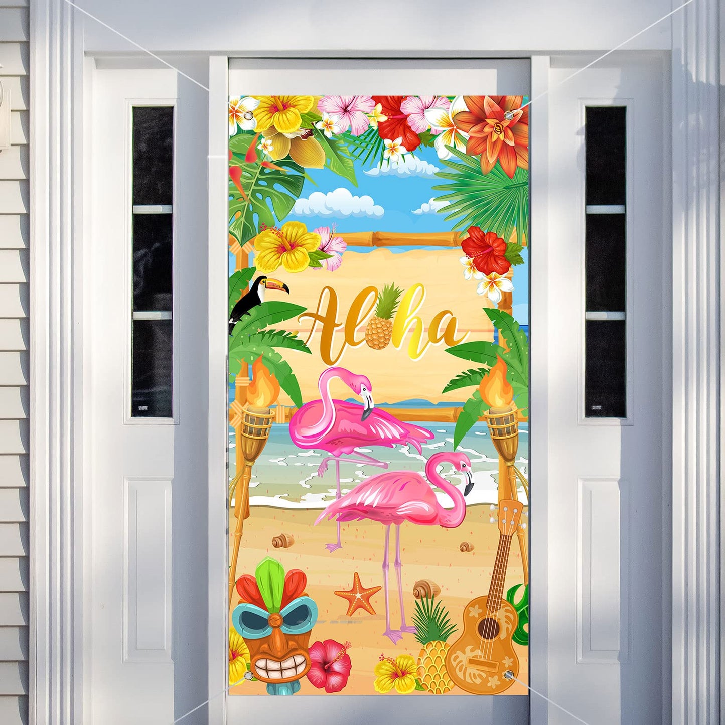 Rtteri Aloha Party Decorations Hawaiian Door Cover Sign Summer Luau Beach Supplies Party Door Banner Tropical Tiki Party Backdro