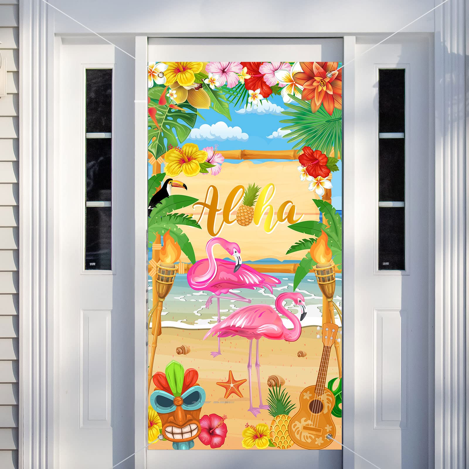Rtteri Aloha Party Decorations Hawaiian Door Cover Sign Summer Luau Beach Supplies Party Door Banner Tropical Tiki Party Backdro