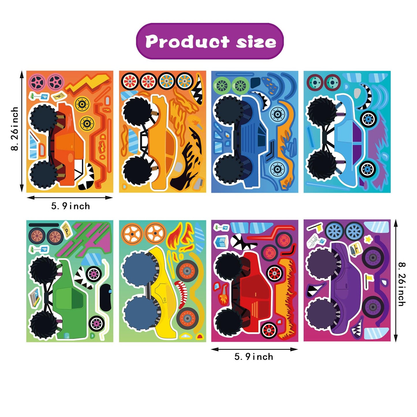 24 Sheets Monster Truck Sticker, Monster Truck Party Favor, Monster Truck Make Your Own Stickers Cartoon Truck Car Make-A-Face S