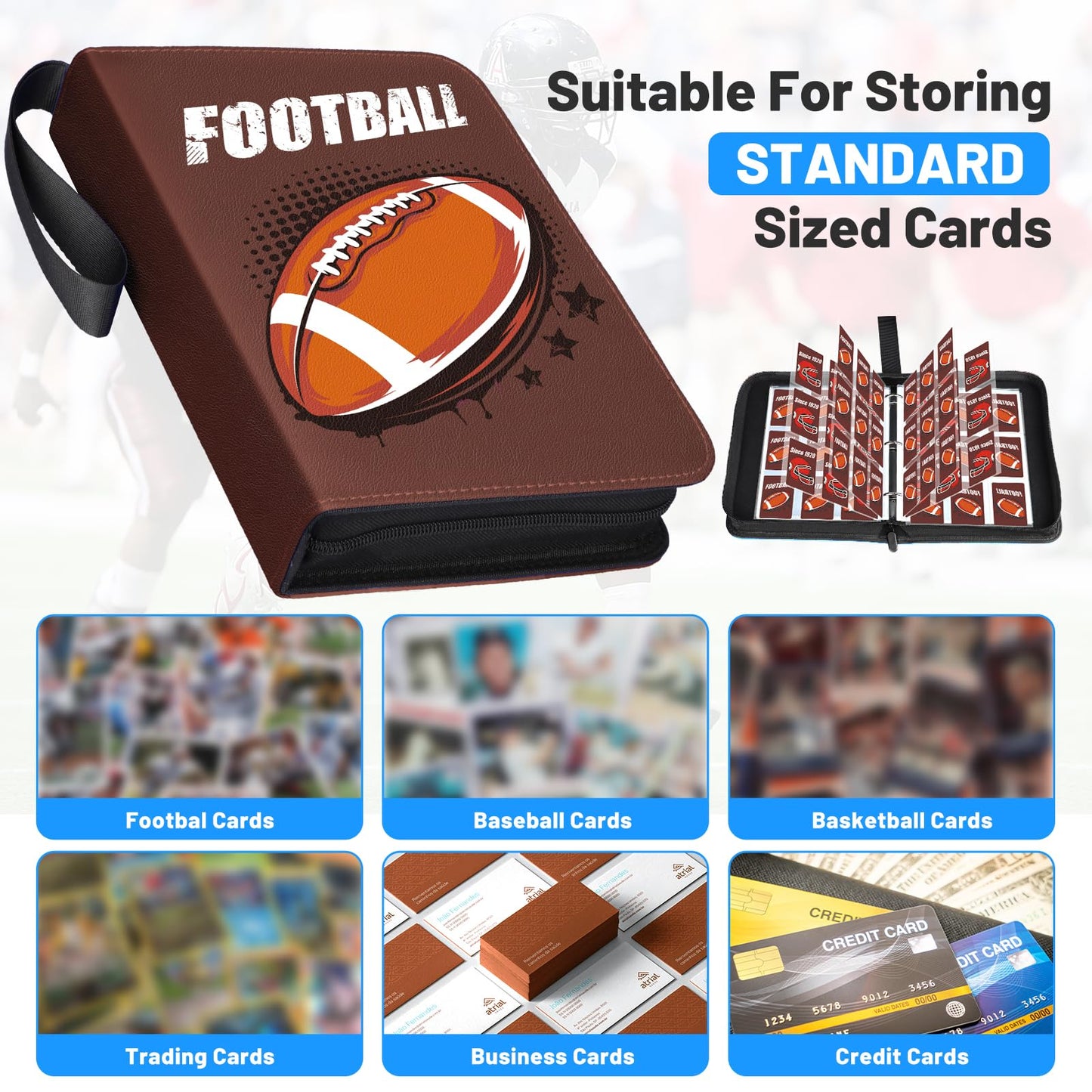 Football Card Binder  Trading Sports Card Binder Holder 900 Pockets with 50 Removable Pages  9 Pocket Collector Album Storage Double Sided enhanced Folder Book Case Gift for Boys And Girl(Brown)