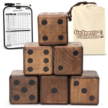 Gosports Giant Wooden Playing Dice Set With Rollzee And Farkle Scoreboard - Includes 6 Dice, Dry-Erase Scoreboard And Canvas Tote Bag - Choose 2.5 Inch Or 3.5 Inch Dice