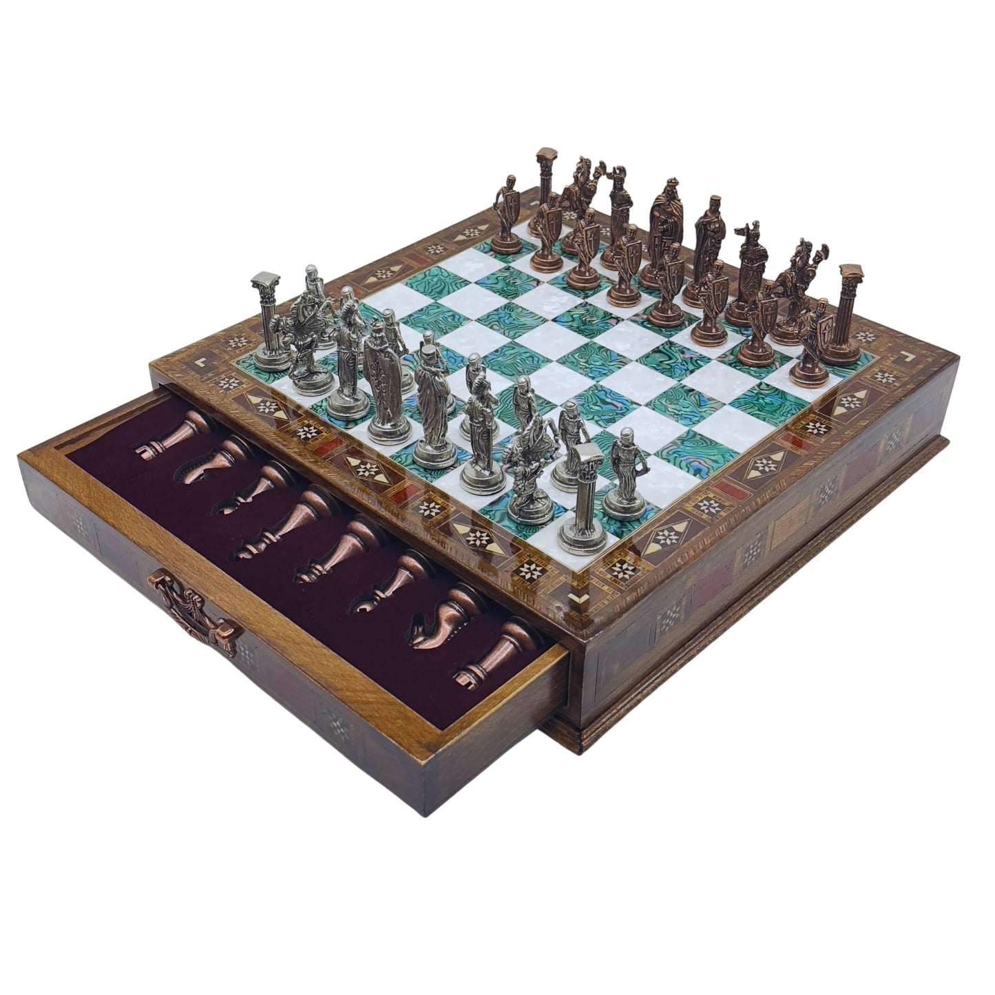 15 Handmade Chess Set With British Army Metal Chess Pieces, Luxury Storage Chess Board, For All Ages, Ideal For Father, (Green)