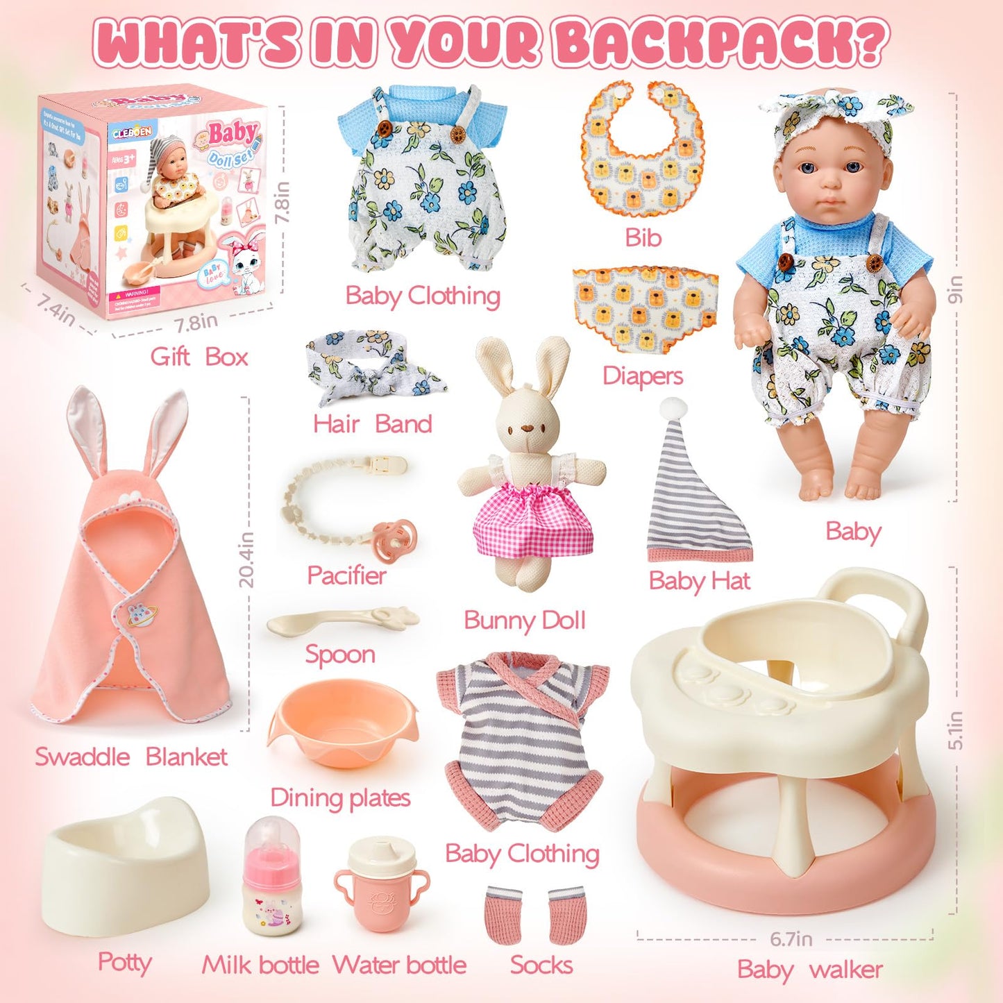 Cleboen Baby Doll Accessories Set For Girls, 9'' Baby Doll With 2 Sets Clothes Doll Walker Feeding Bottle Pacifier Diaper Blanke