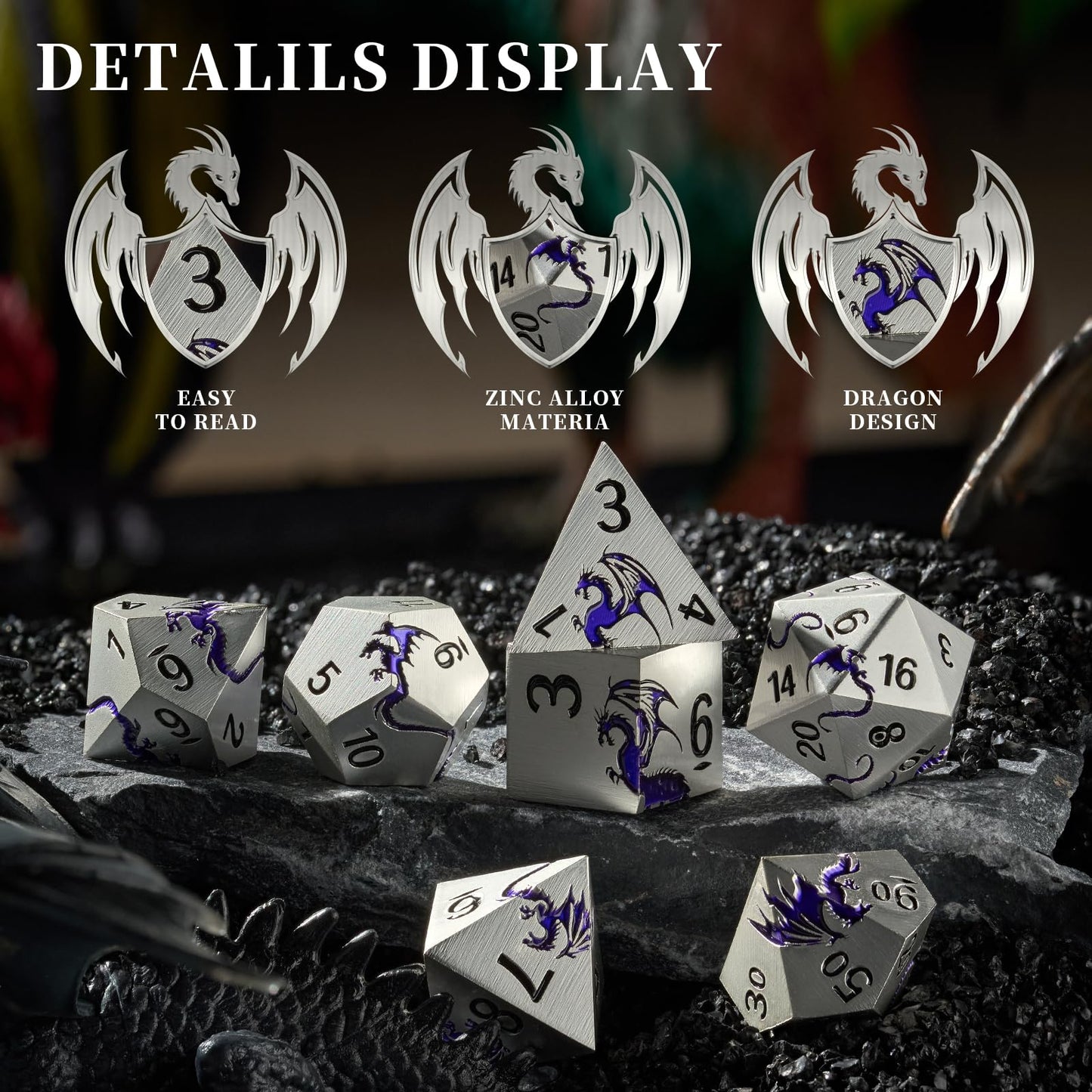 Purple Dragon Metal Dice HNCCESG 7 Piece Heavy Metallic D&D Dice Set with Dungeons and Dragon Gift Dice Box for TTRPG Tabletop G