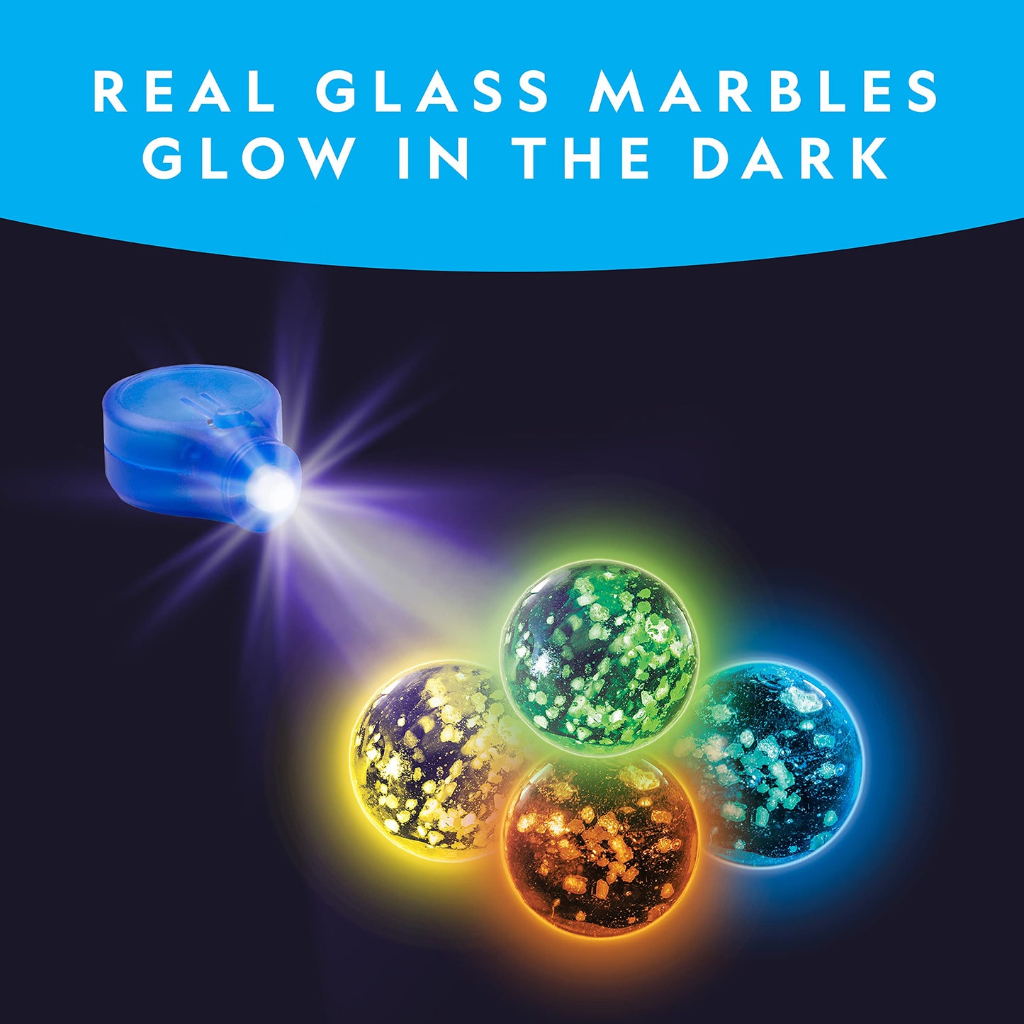NATIONAL GEOGRAPHIC Glow in The Dark Marbles Refill - 25 Colorful Glass Marbles with UV Light & Storage Pouch for Kids' Science Play