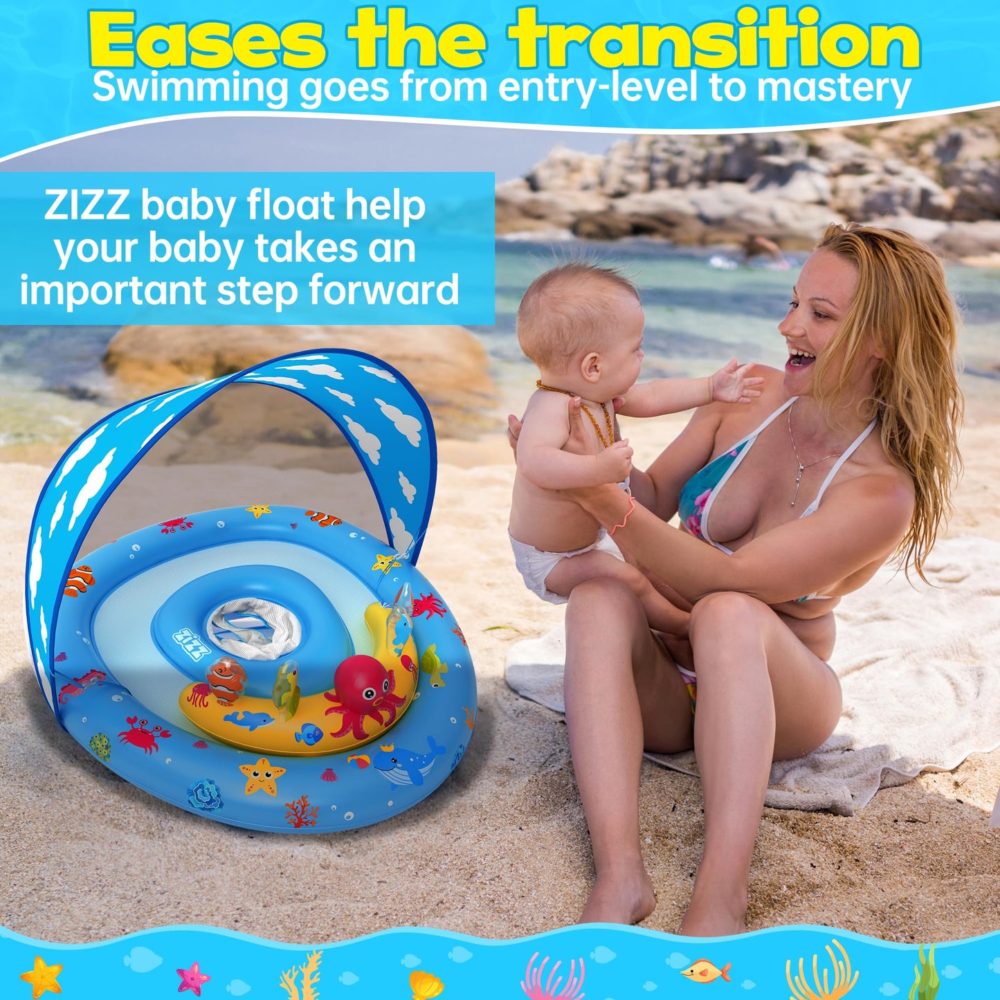 ZIZZ Baby Pool Float with Canopy - Inflatable Baby Swimming Float with UPF50+Sun Protection  Infant Pool Float with Toy Play Console Adjustable Seat for Boys Girls Toddler 6-36 Months