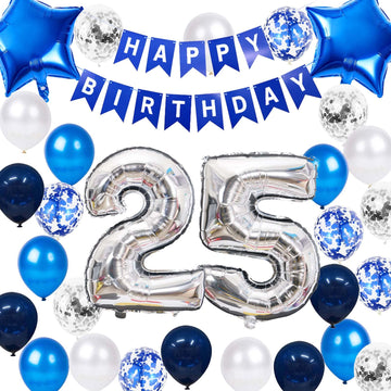 25Th Birthday Party Decoration Blue For Him, Happy Birthday Banner Blue Number 25 Birthday Star Foil Balloons Latex Confetti Bal