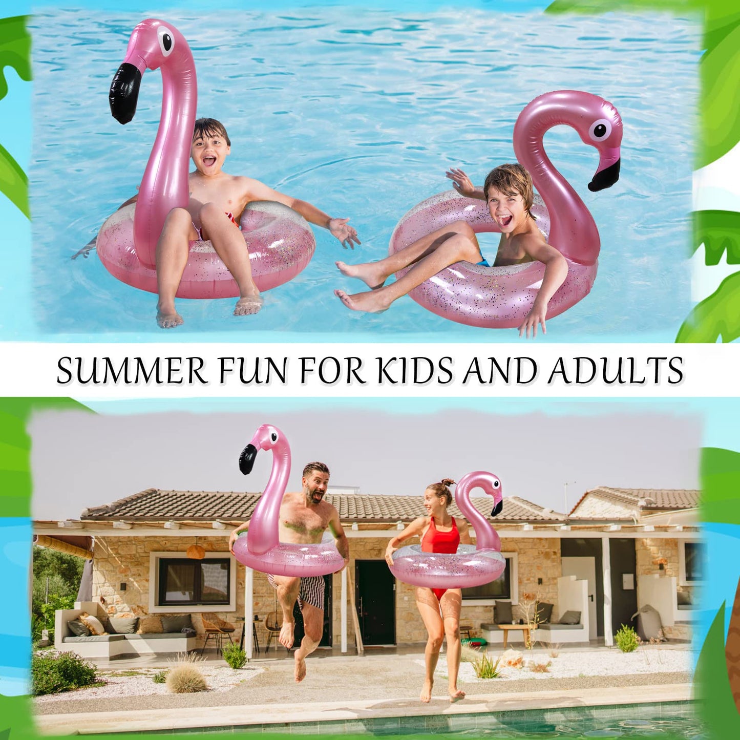 2PCS Flamingo Inflatable Pool Floats mature-themed Kids  Glitters Translucent Inflatable Pool Float for Kids Ages 6+  Fun Beach Floaties Summer Water Party Supplies(2 Size)