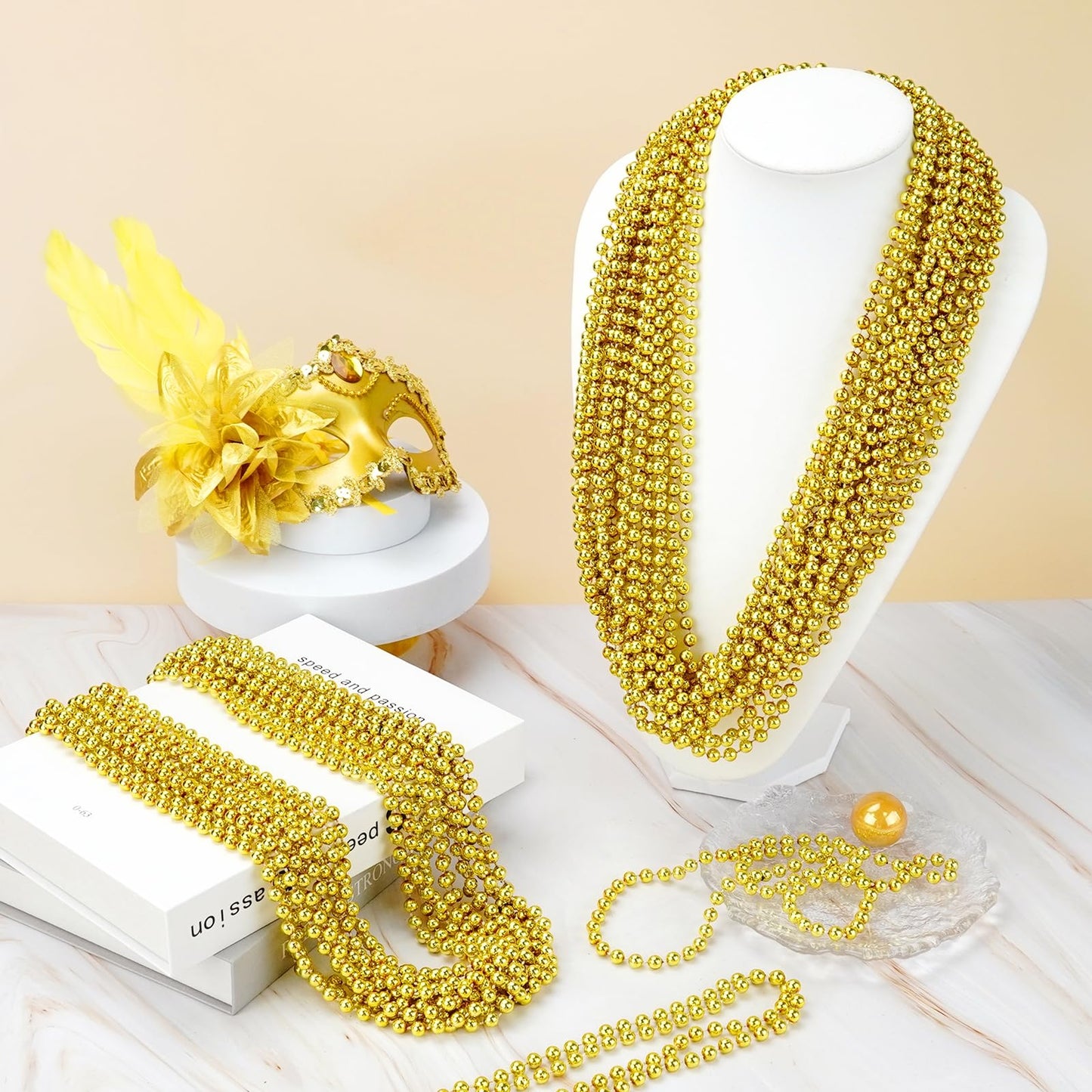 YAXINRUI 144 PCS Gold Mardi Gras Beads, Gold Bead Necklaces, Christmas Bead Necklaces, 33 Inch Round Beaded Necklaces for Mardi