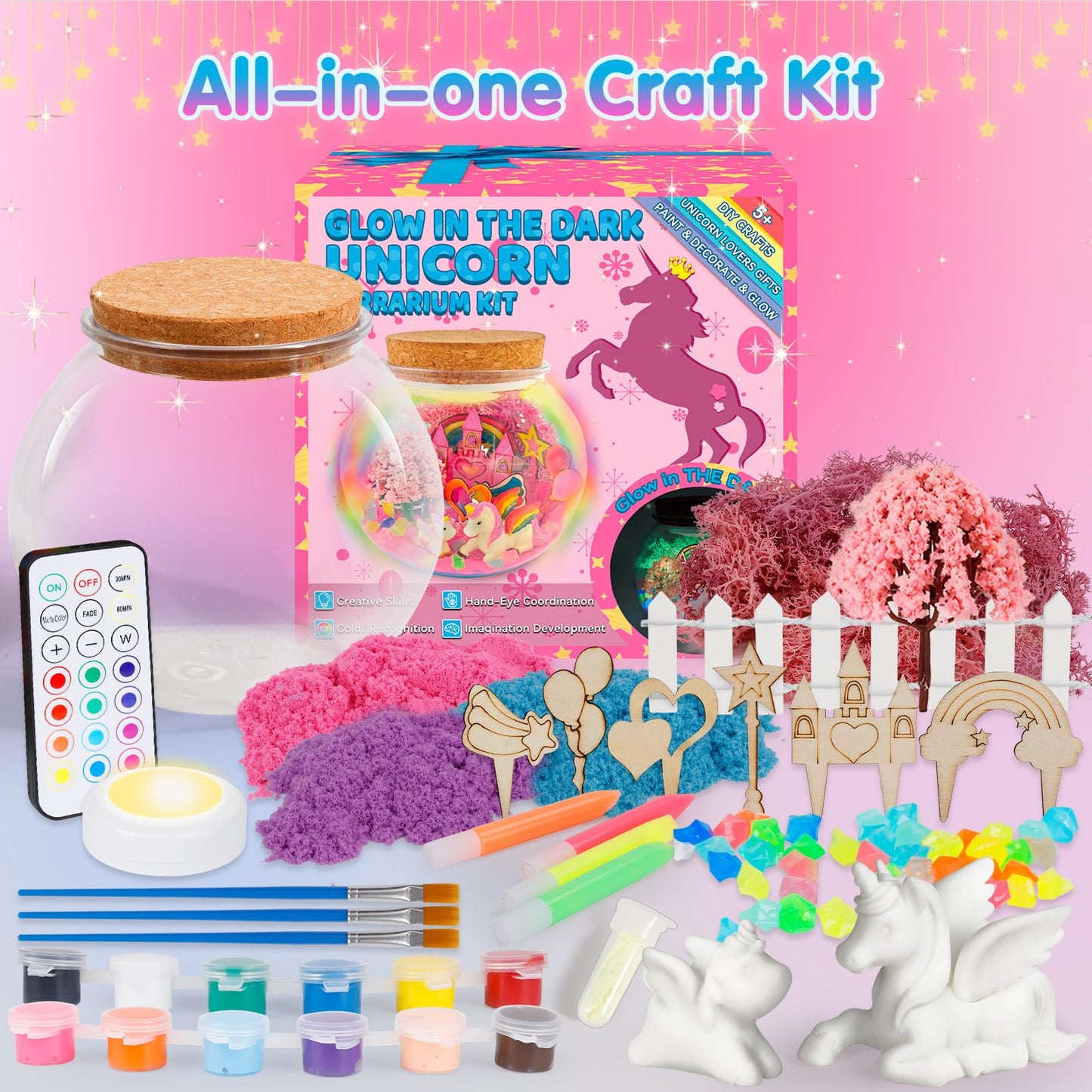 Unicorn Terrarium Kit For Kids - Arts & Crafts Activities Sets With Glow In The Dark Painting - Diy Unicorn Toys Birthday Gifts