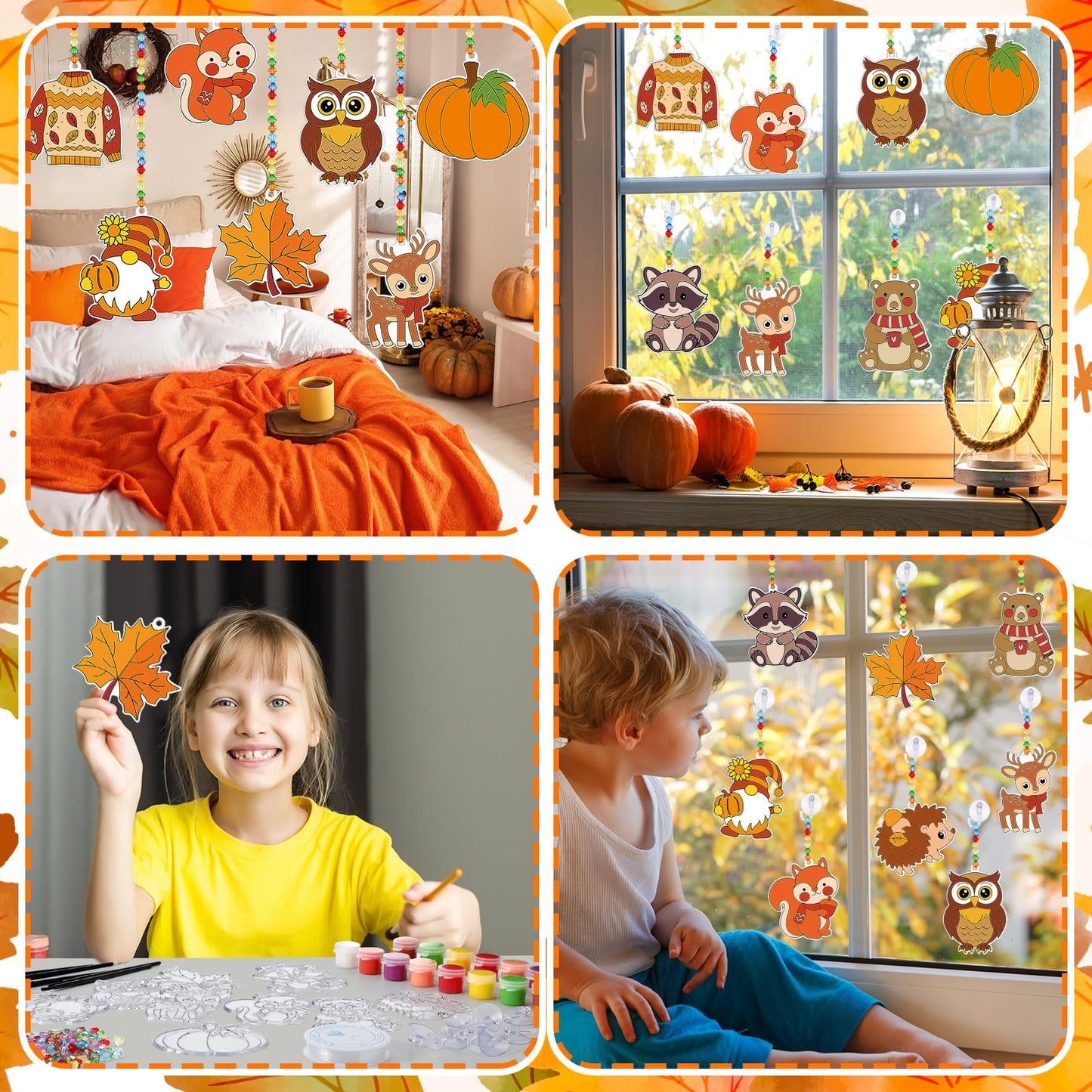 Beeveer 30 Sets Fall Animals Suncatchers Art Kits DIY Thanksgiving Squirrels Owl Suncatcher Crafts Paint Your Own Window Ornamen