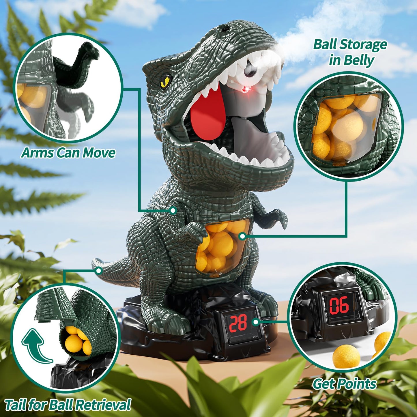 JUKUDAHU Dinosaur Shooting Boy Toys for Kids Age 3 4 5 6 7 8 - Moveable Shooting Game with Scoreboard, Light & Sound, 12 Foam Ba