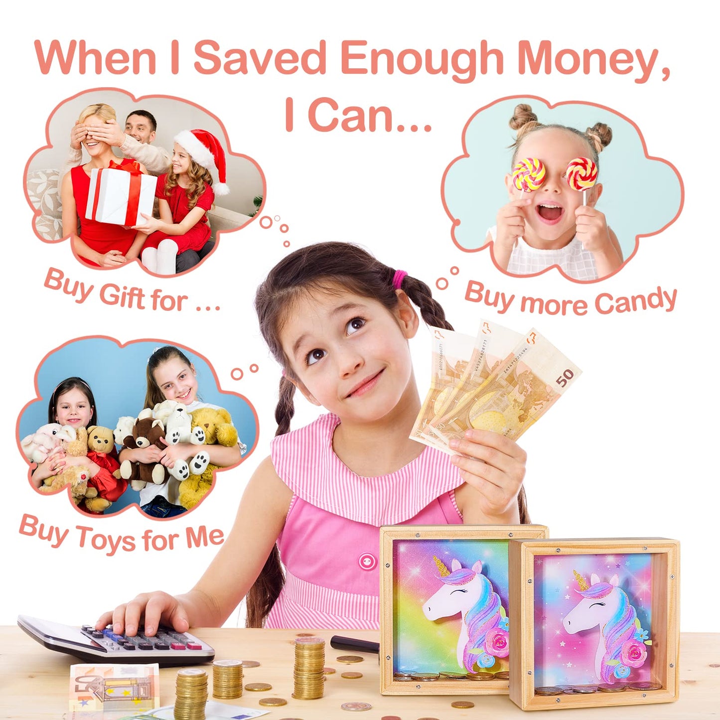 Wooden Piggy Bank For Kids Boys Girls, Diy Name Coin Bank Unicorn Dinosaur Money Bank With Letter Stickers