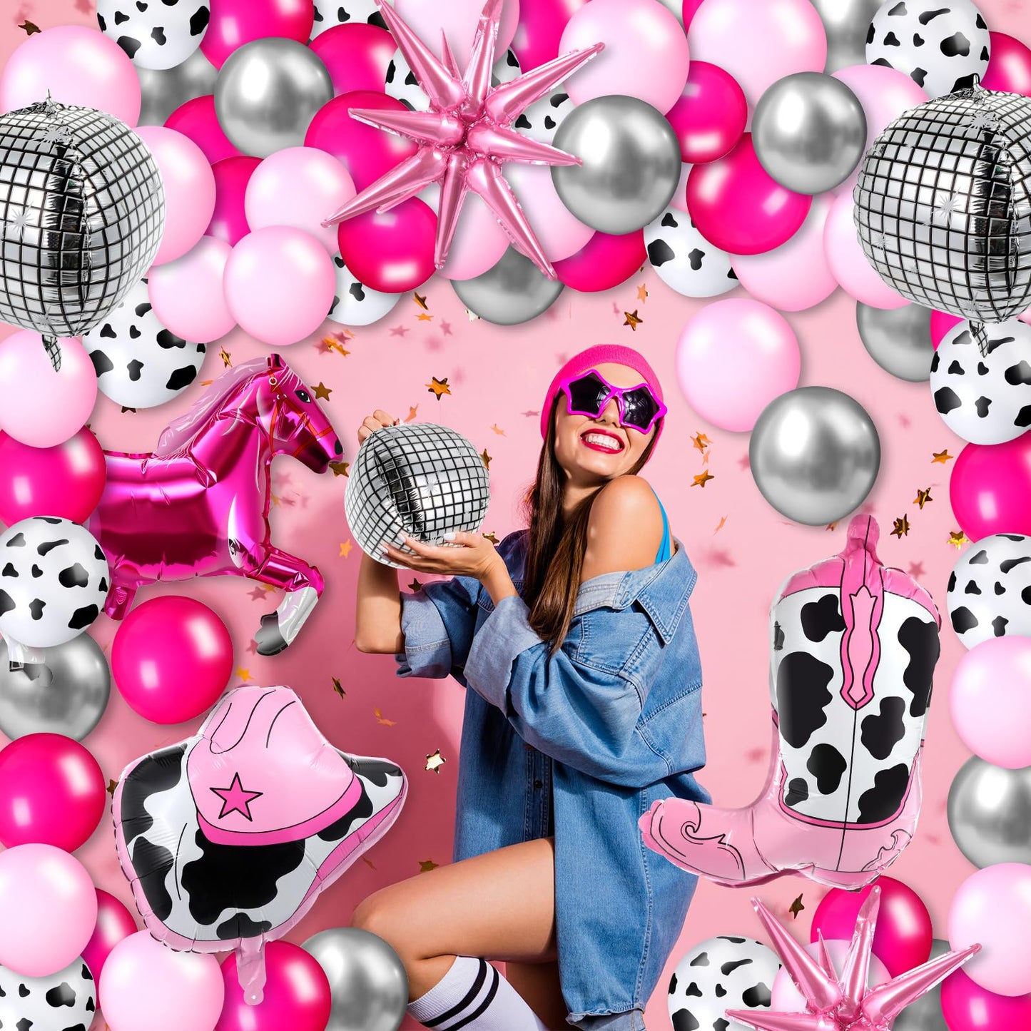 Hungdao 23 Pcs Cowgirl Theme Party Balloons Set Cow Print Cowgirl Hat Boot Pink Silver Star Balloons Ribbon for Western Theme De
