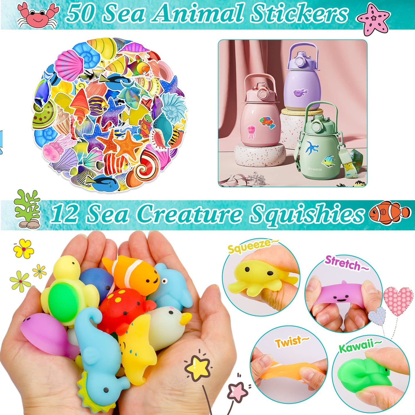 ANPHILE Under Sea Party Favors, 134 Pcs Ocean Birthday Party Supplies - Ocean Sea Animal Toys, Scratch Art Set, Grow In Water An